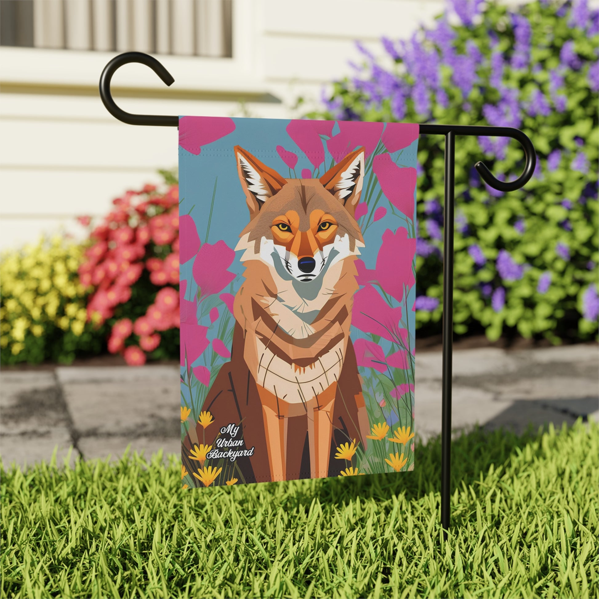 Coyote and Pink Flowers, Garden Flag for Yard, Patio, Porch, or Work, 12"x18" - Flag only