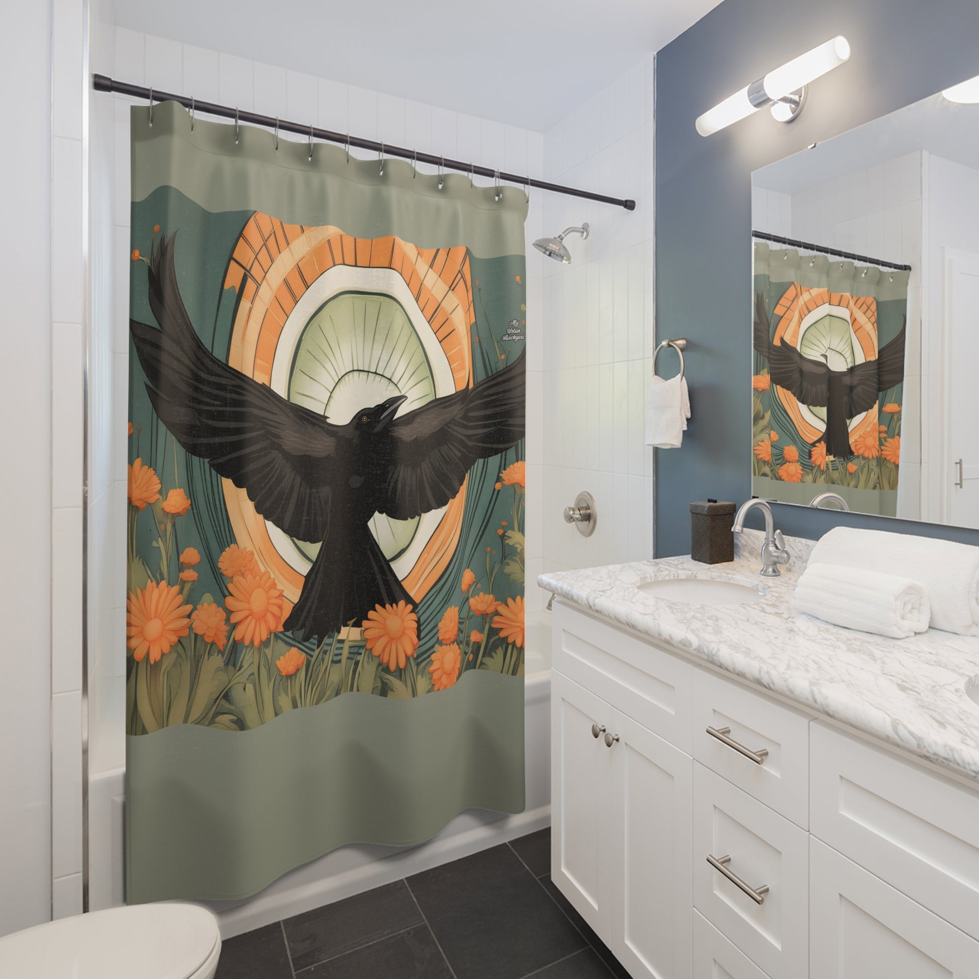 Flying Crow, Shower Curtain, Sage accent color - 71" x 74"