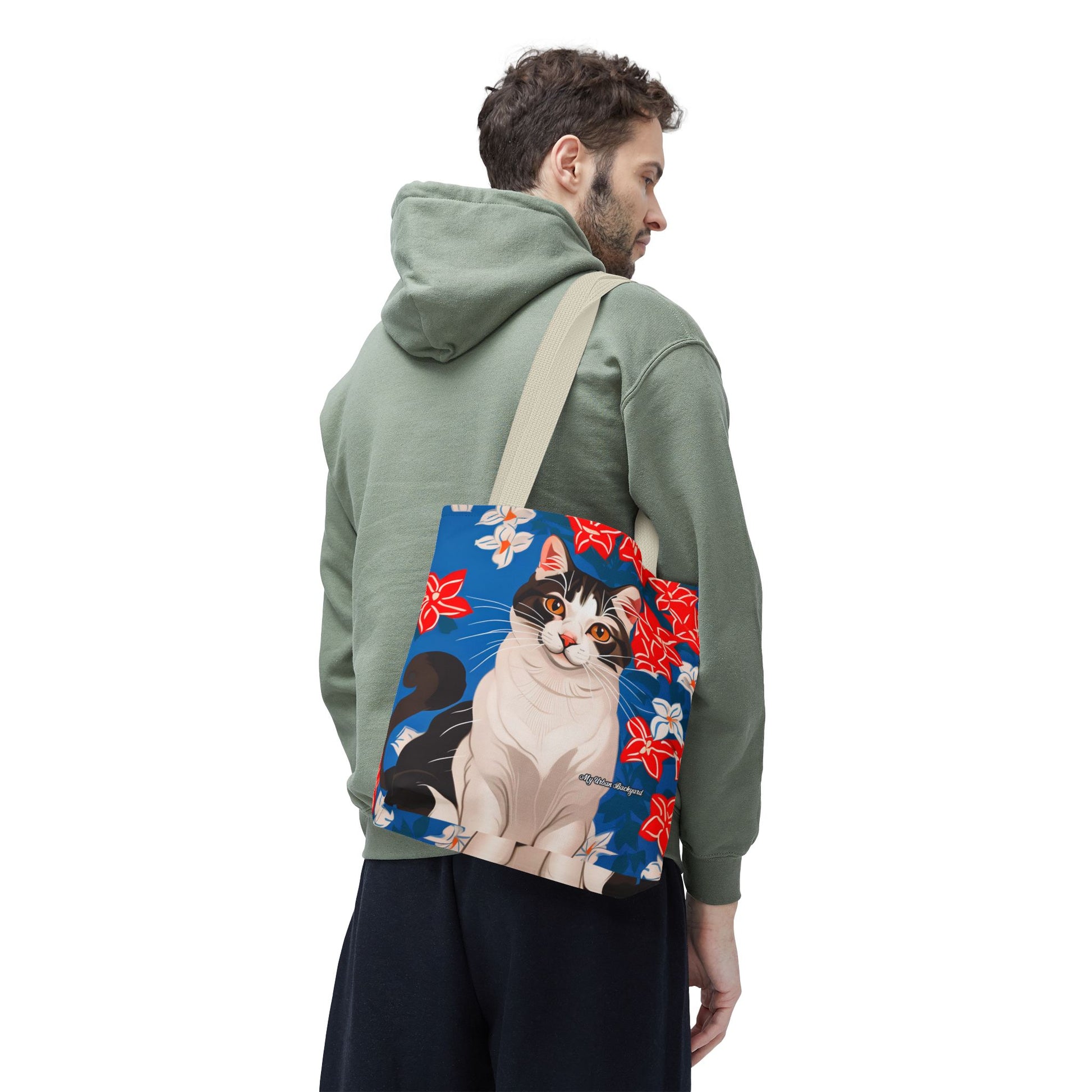 Cat and Red White & Blue Flowers Tote Bag with Cotton Handles For Everyday Use, 3 Sizes