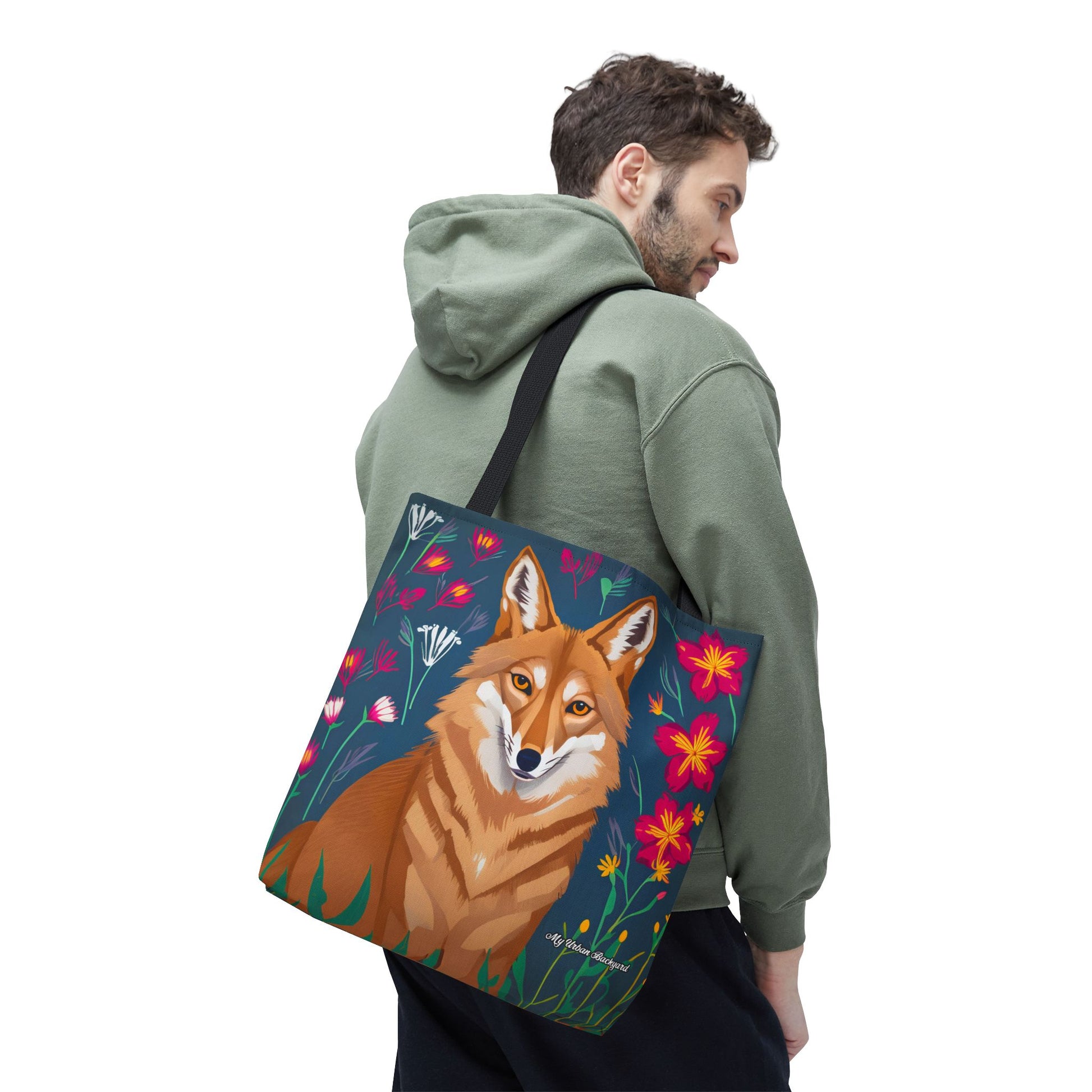 Coyote w Red Flowers Tote Bag with Cotton Handles For Everyday Use, 3 Sizes