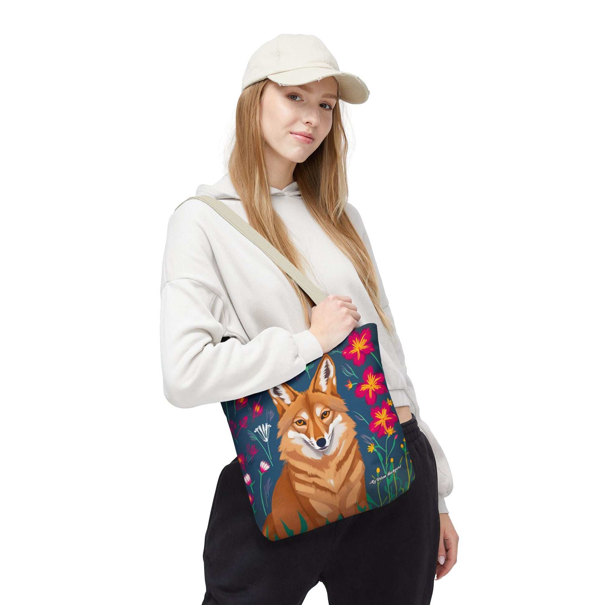Coyote w Red Flowers Tote Bag with Cotton Handles For Everyday Use, 3 Sizes