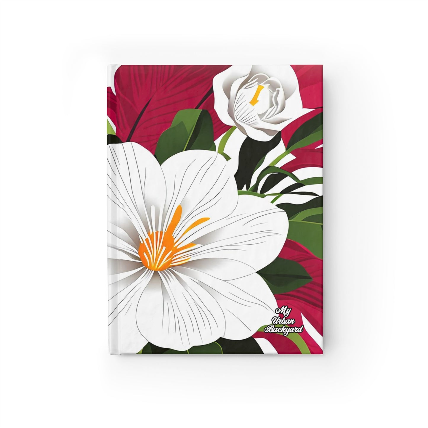 Hardcover Writing Journal with 128 ruled line pages - White Flowers on Red