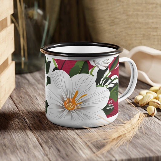 Enamel Camping Mug for Coffee, Tea, Hot Cocoa, Cereal, 12oz, White Flowers on Red