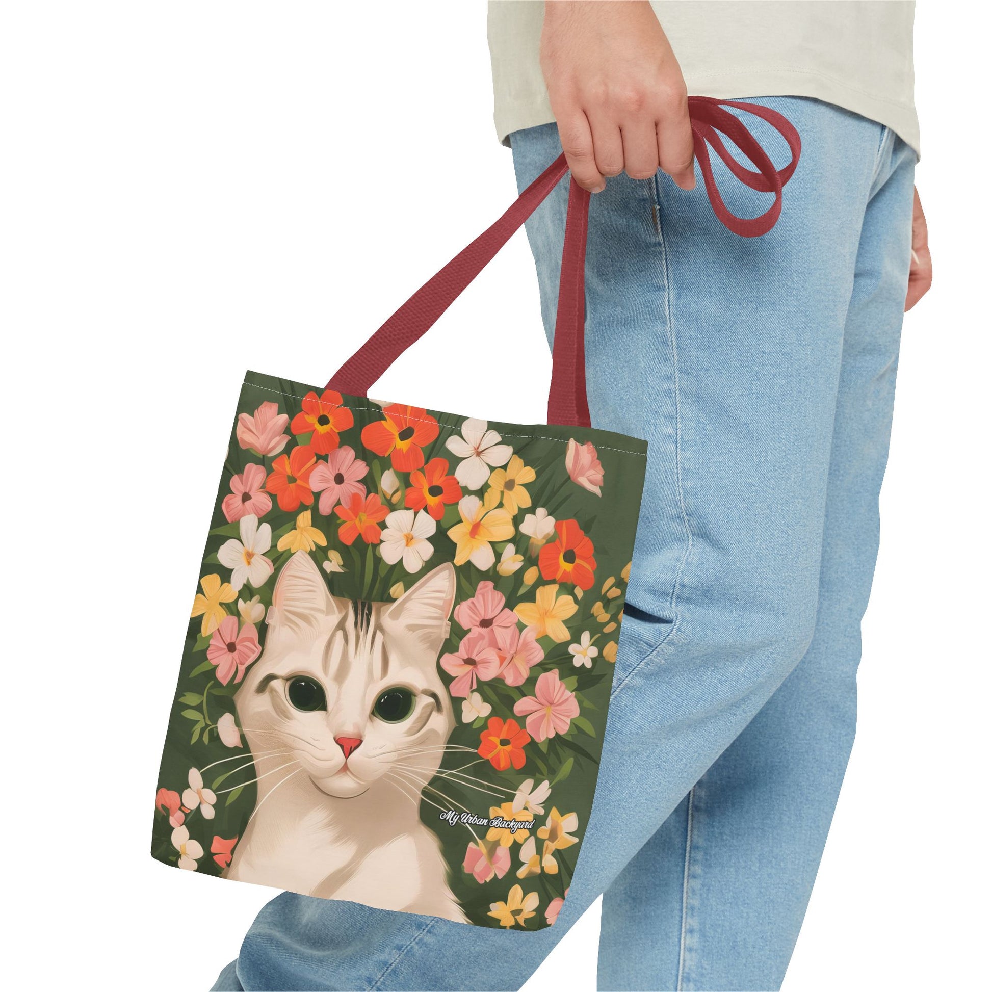 White Cat with Flowers Tote Bag with Cotton Handles For Everyday Use, 3 Sizes