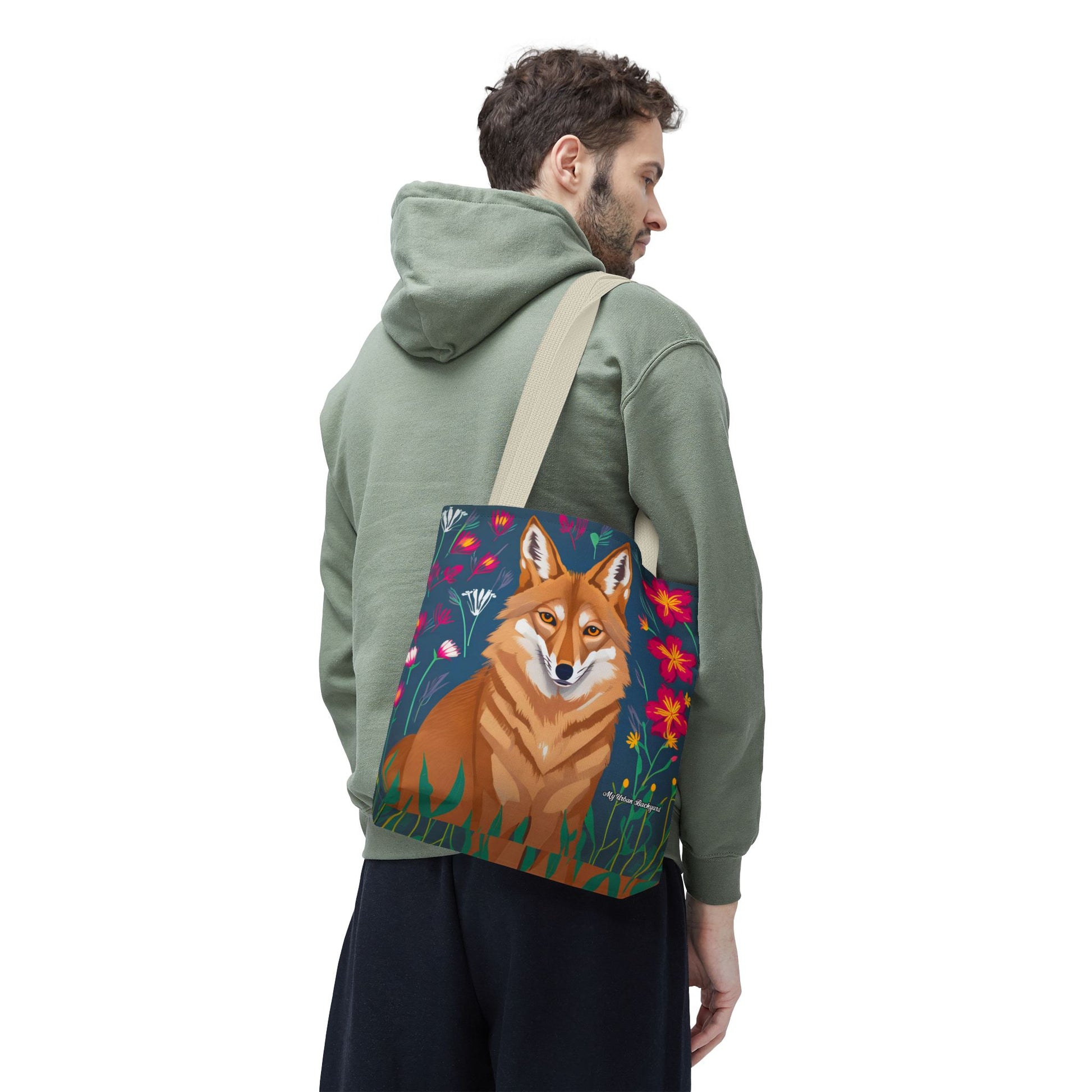 Coyote w Red Flowers Tote Bag with Cotton Handles For Everyday Use, 3 Sizes