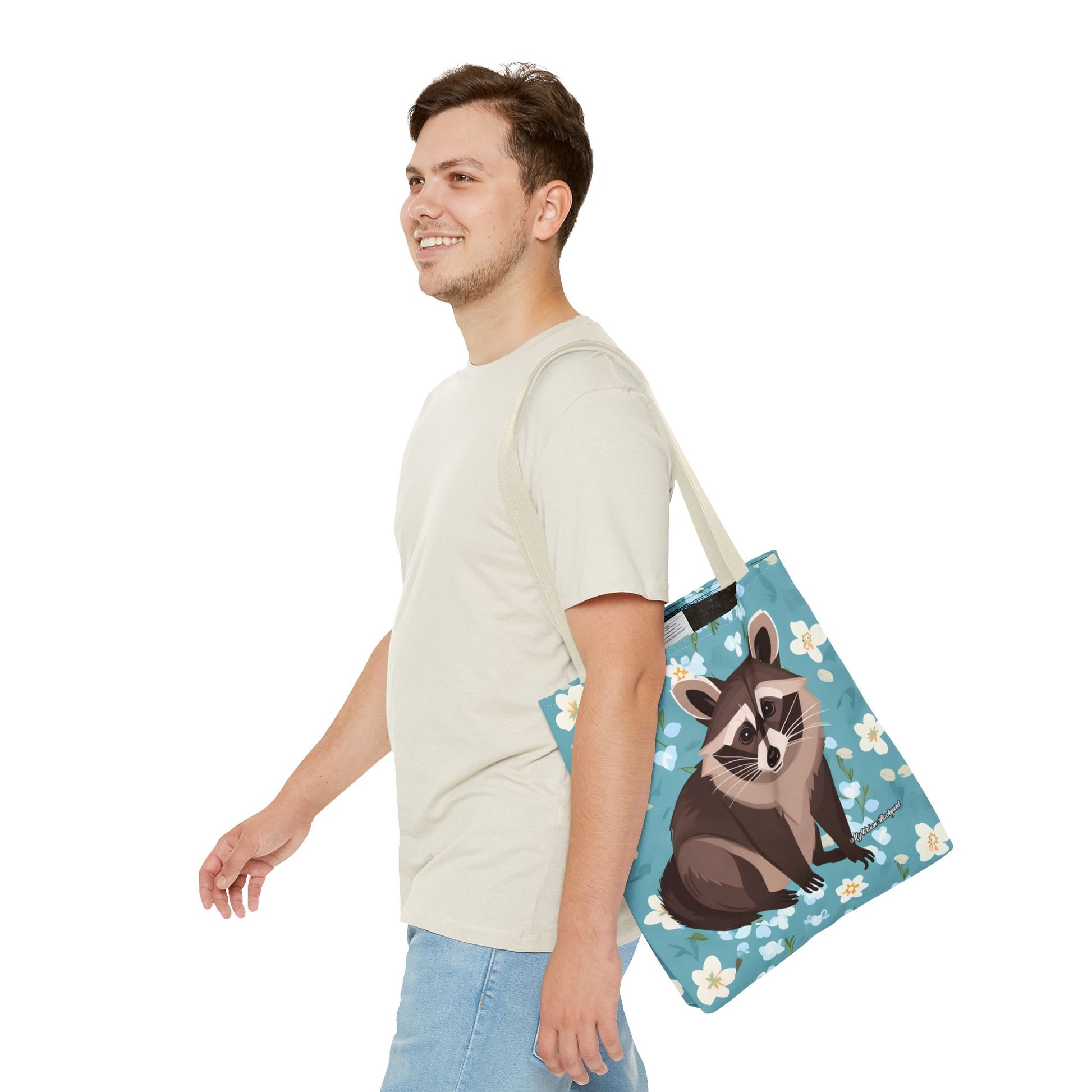 Young Raccoon w Flowers Tote Bag with Cotton Handles For Everyday Use, 3 Sizes