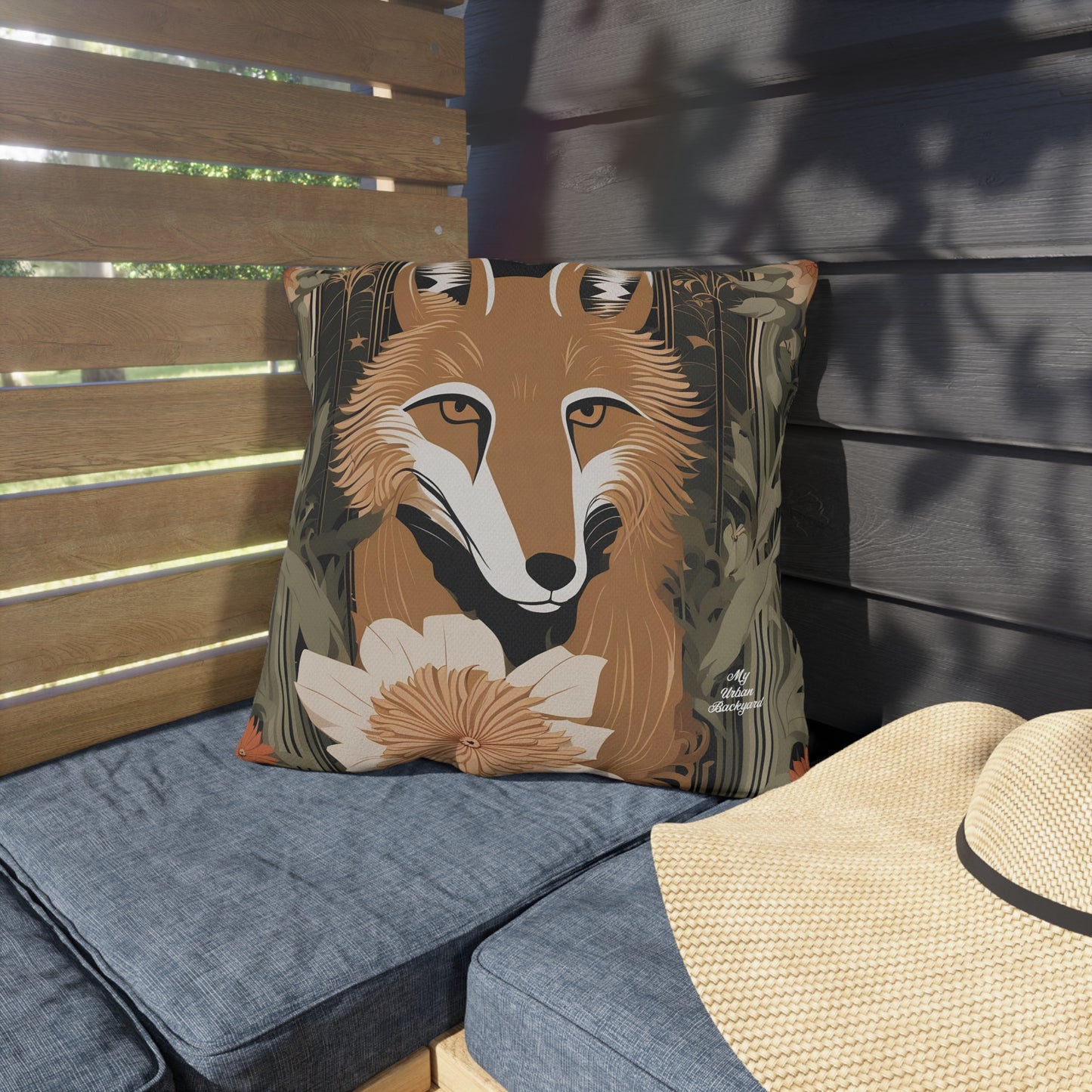 Art Deco Coyote w Flower, Sable accent color, Throw Pillow, Indoor/Outdoor Decor for Home or Office