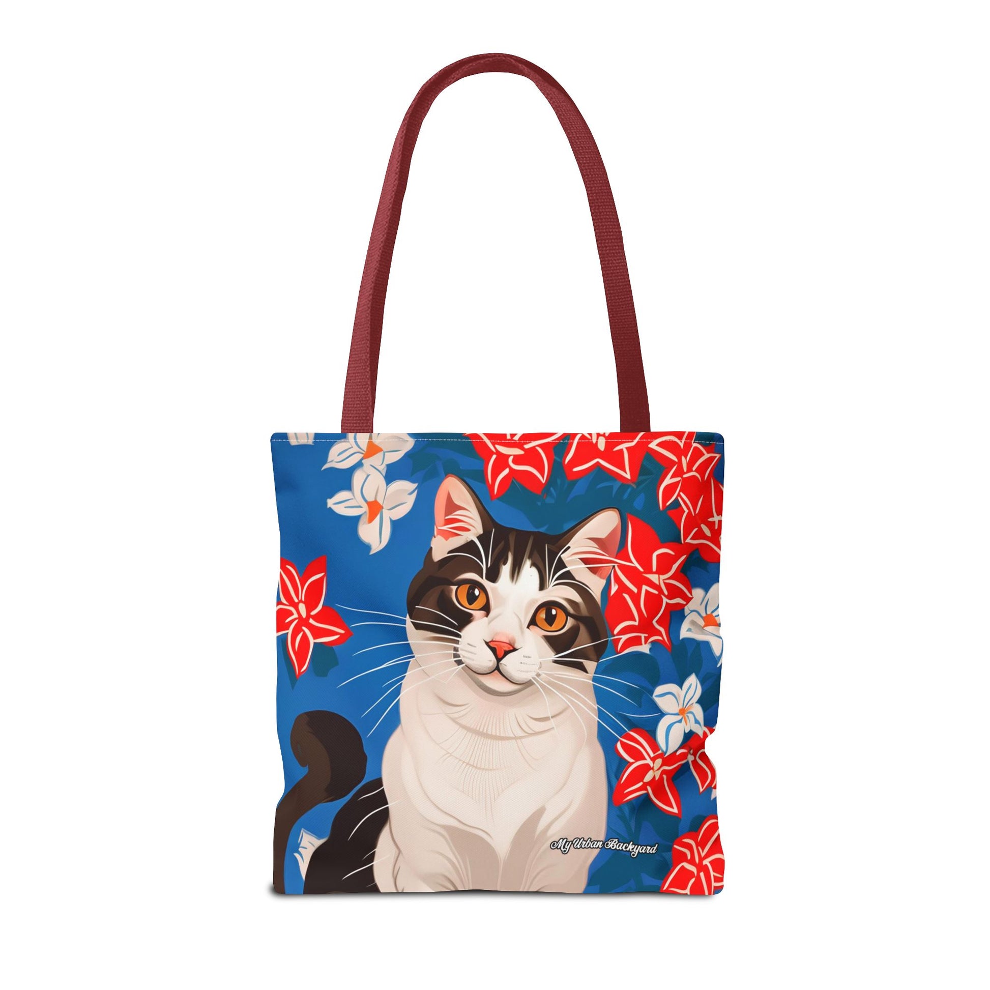 Cat and Red White & Blue Flowers Tote Bag with Cotton Handles For Everyday Use, 3 Sizes