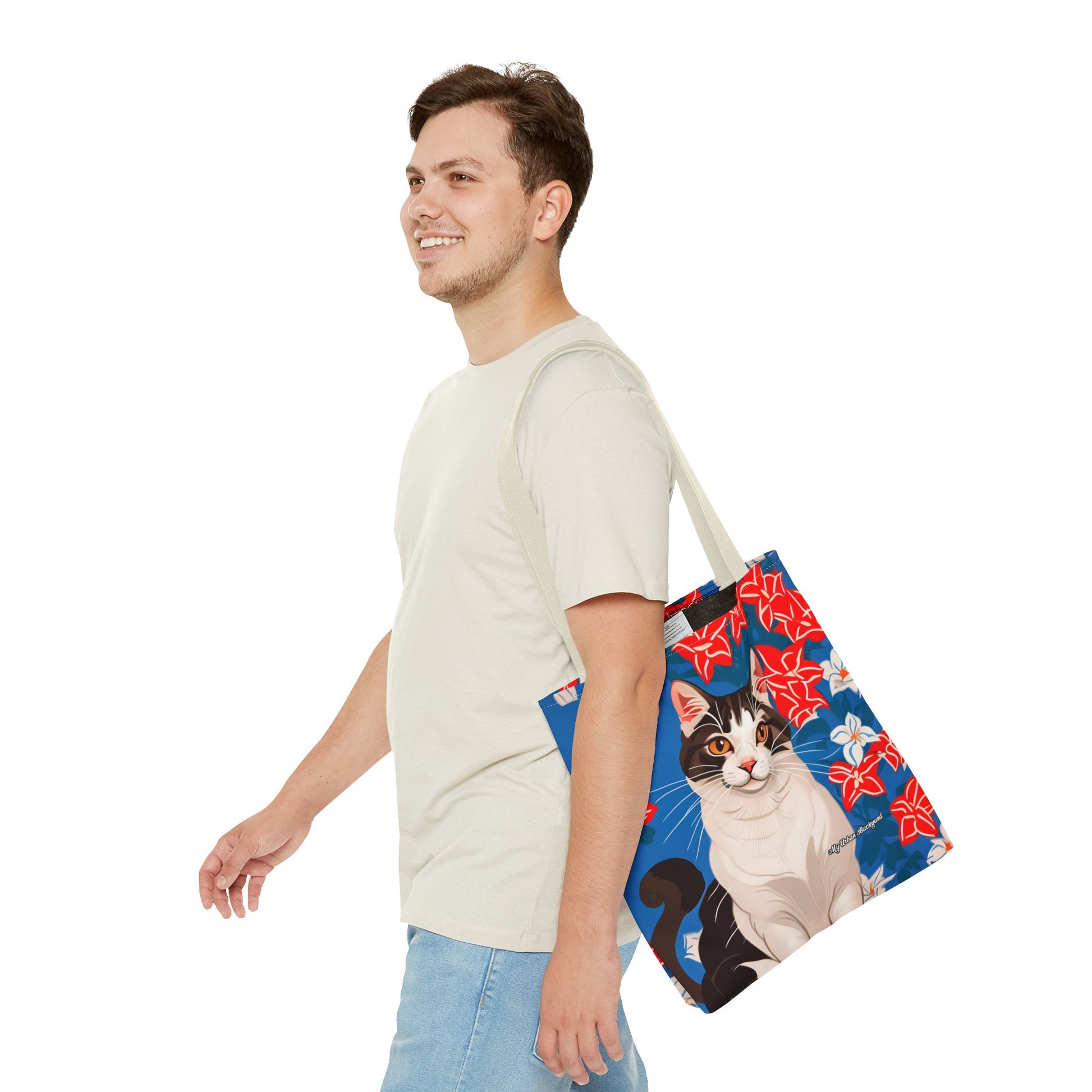 Cat and Red White & Blue Flowers Tote Bag with Cotton Handles For Everyday Use, 3 Sizes