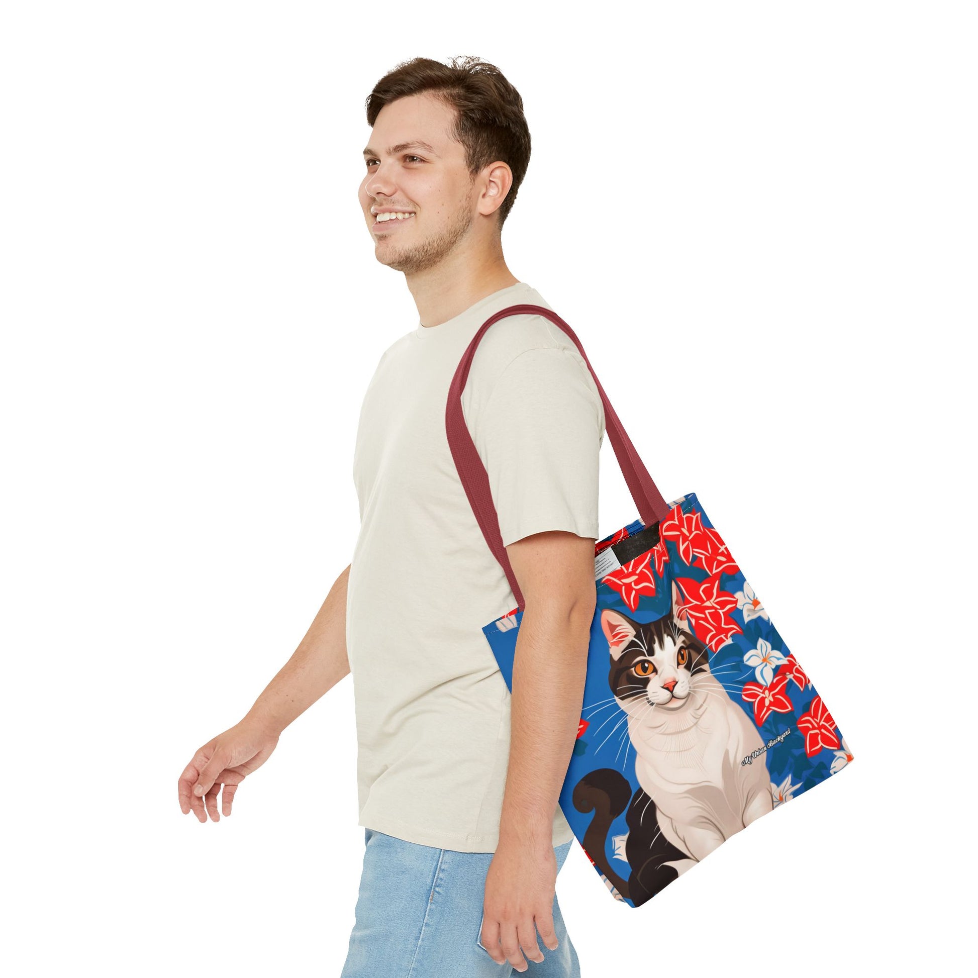Cat and Red White & Blue Flowers Tote Bag with Cotton Handles For Everyday Use, 3 Sizes
