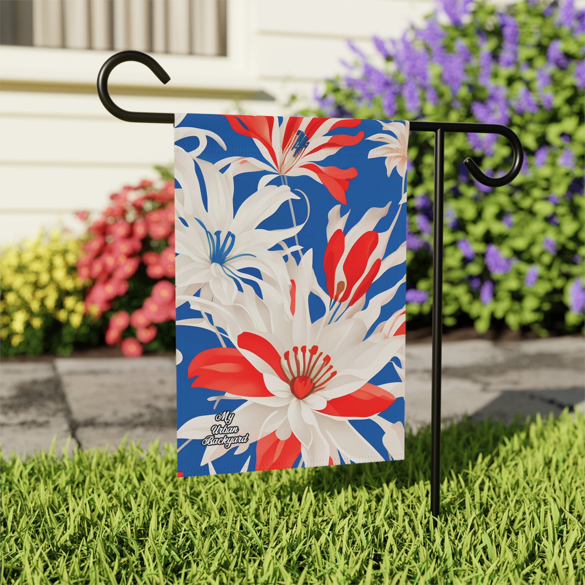 Outdoor Garden Flag for Yard, Patio or Work Decor, Double Sided, Vertical, Flag only - White Red and Blue Flowers