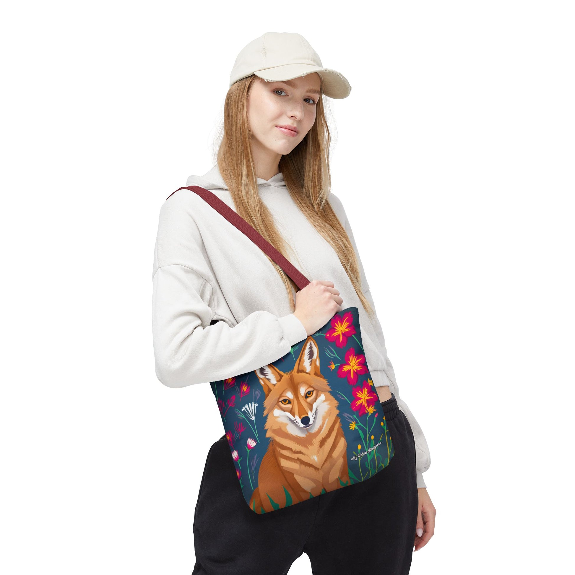Coyote w Red Flowers Tote Bag with Cotton Handles For Everyday Use, 3 Sizes
