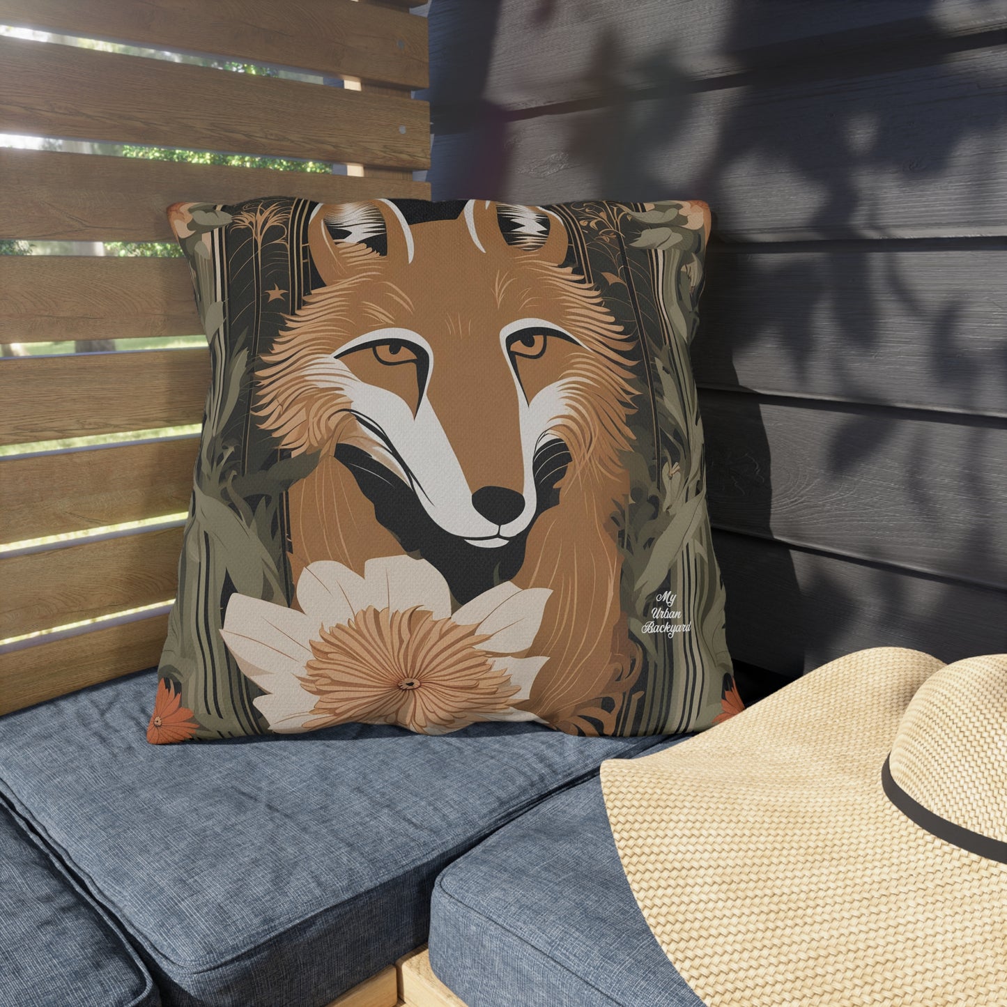 Art Deco Coyote w Flower, Sable accent color, Throw Pillow, Indoor/Outdoor Decor for Home or Office