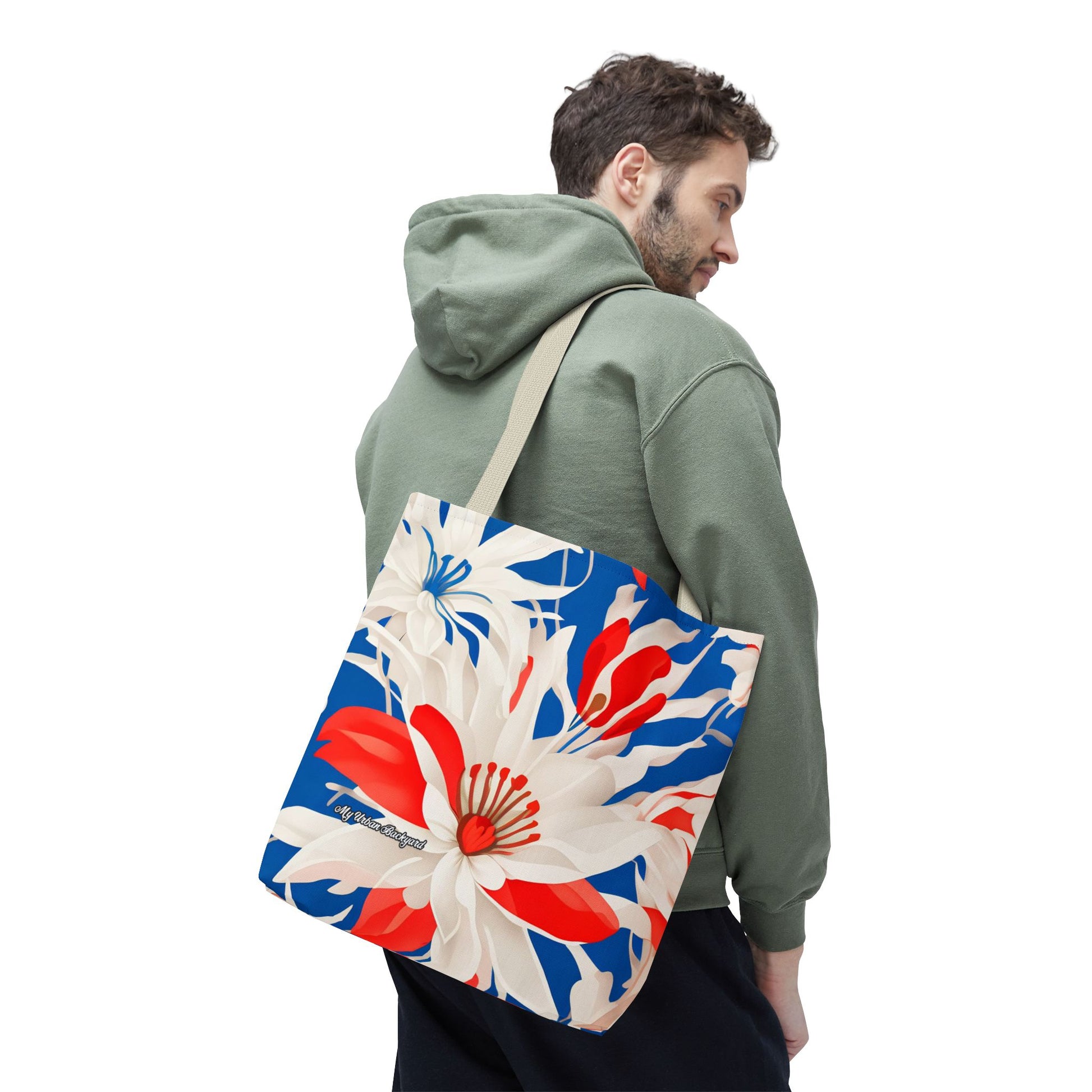 Red White & Blue Flowers Tote Bag with Cotton Handles For Everyday Use, 3 Sizes