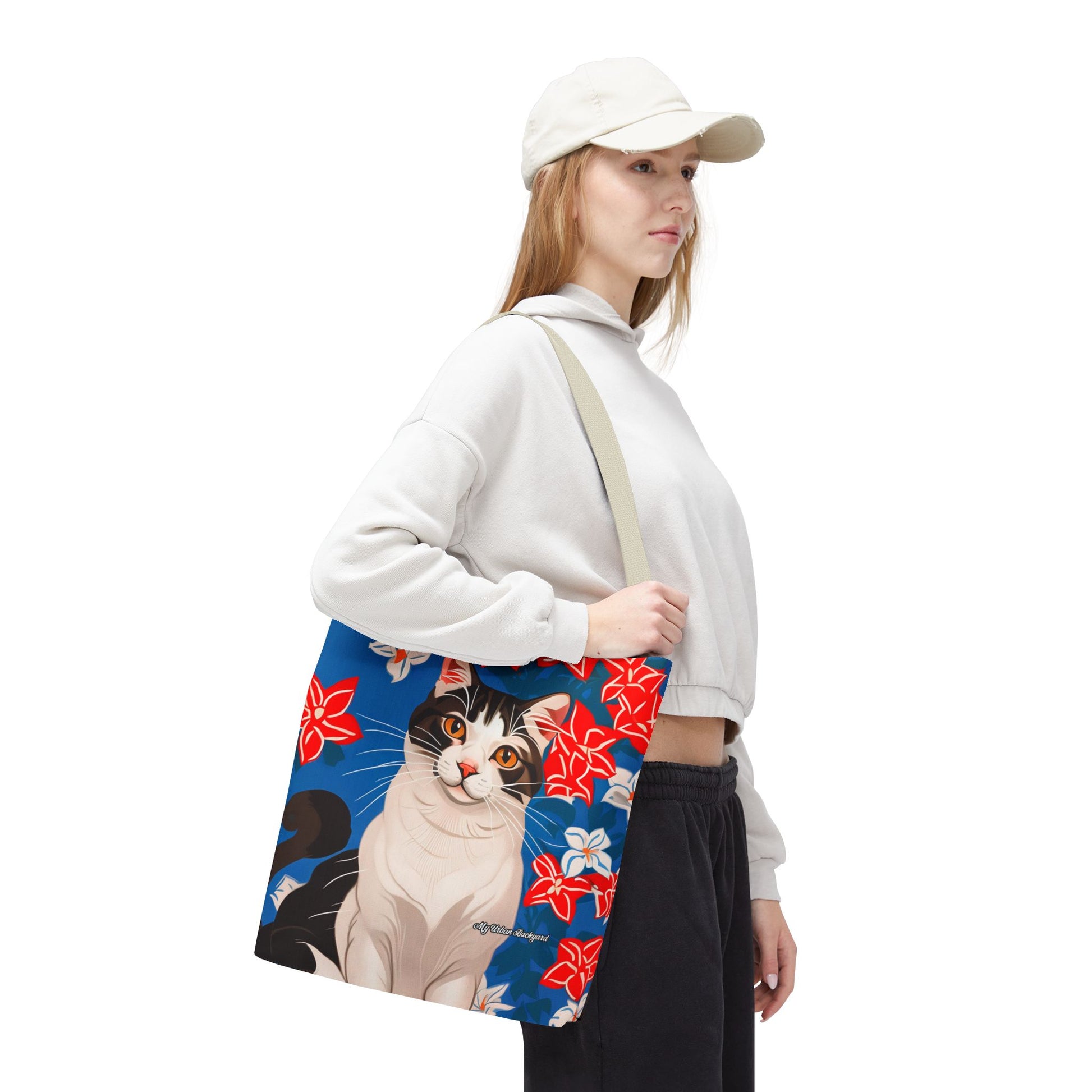 Cat and Red White & Blue Flowers Tote Bag with Cotton Handles For Everyday Use, 3 Sizes