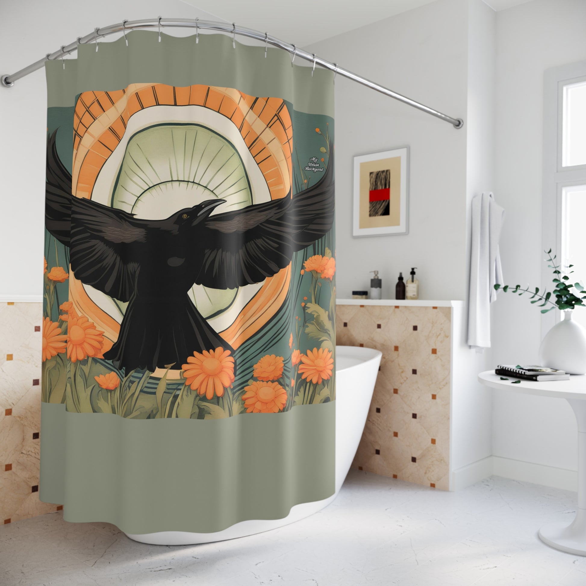 Flying Crow, Shower Curtain, Sage accent color - 71" x 74"