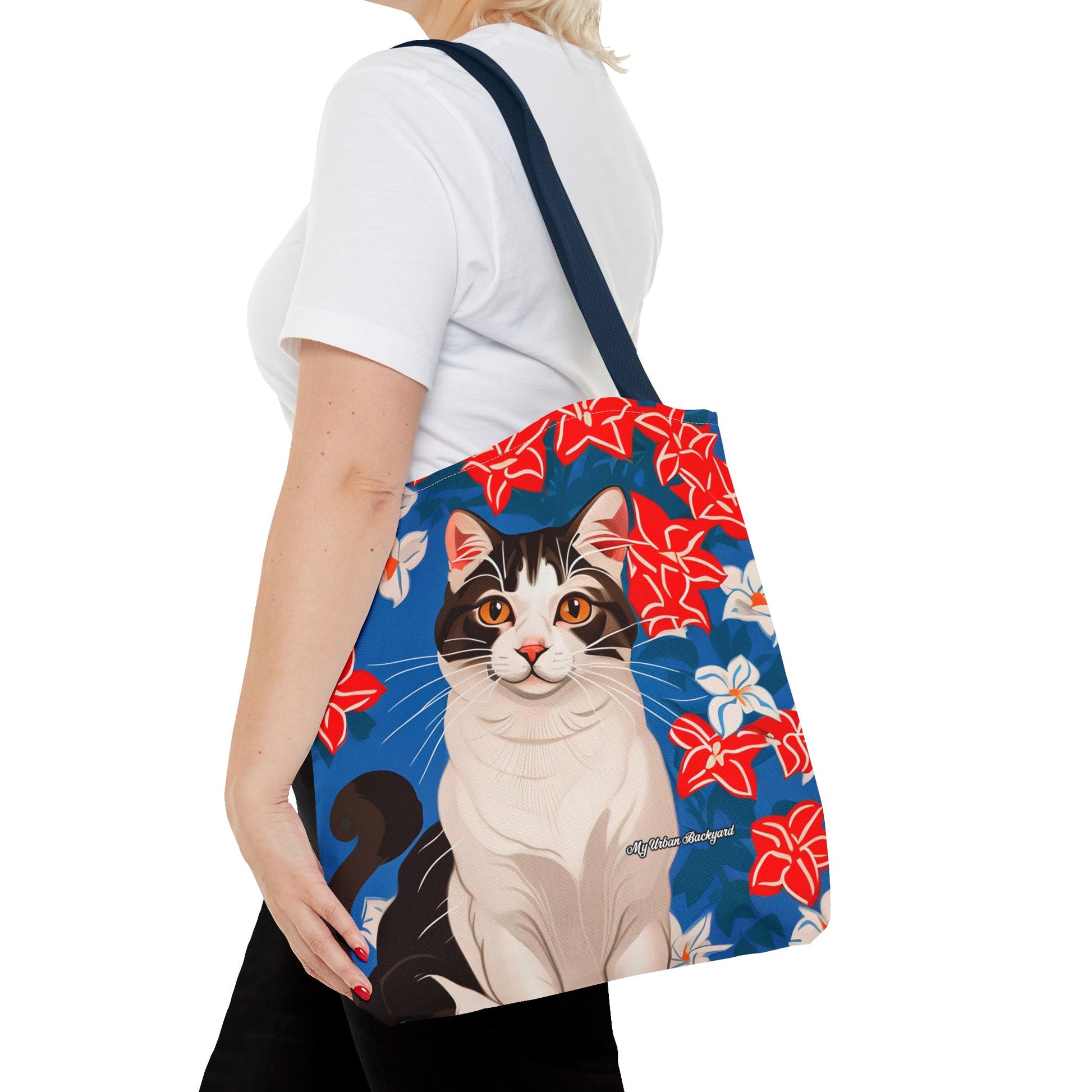 Cat and Red White & Blue Flowers Tote Bag with Cotton Handles For Everyday Use, 3 Sizes