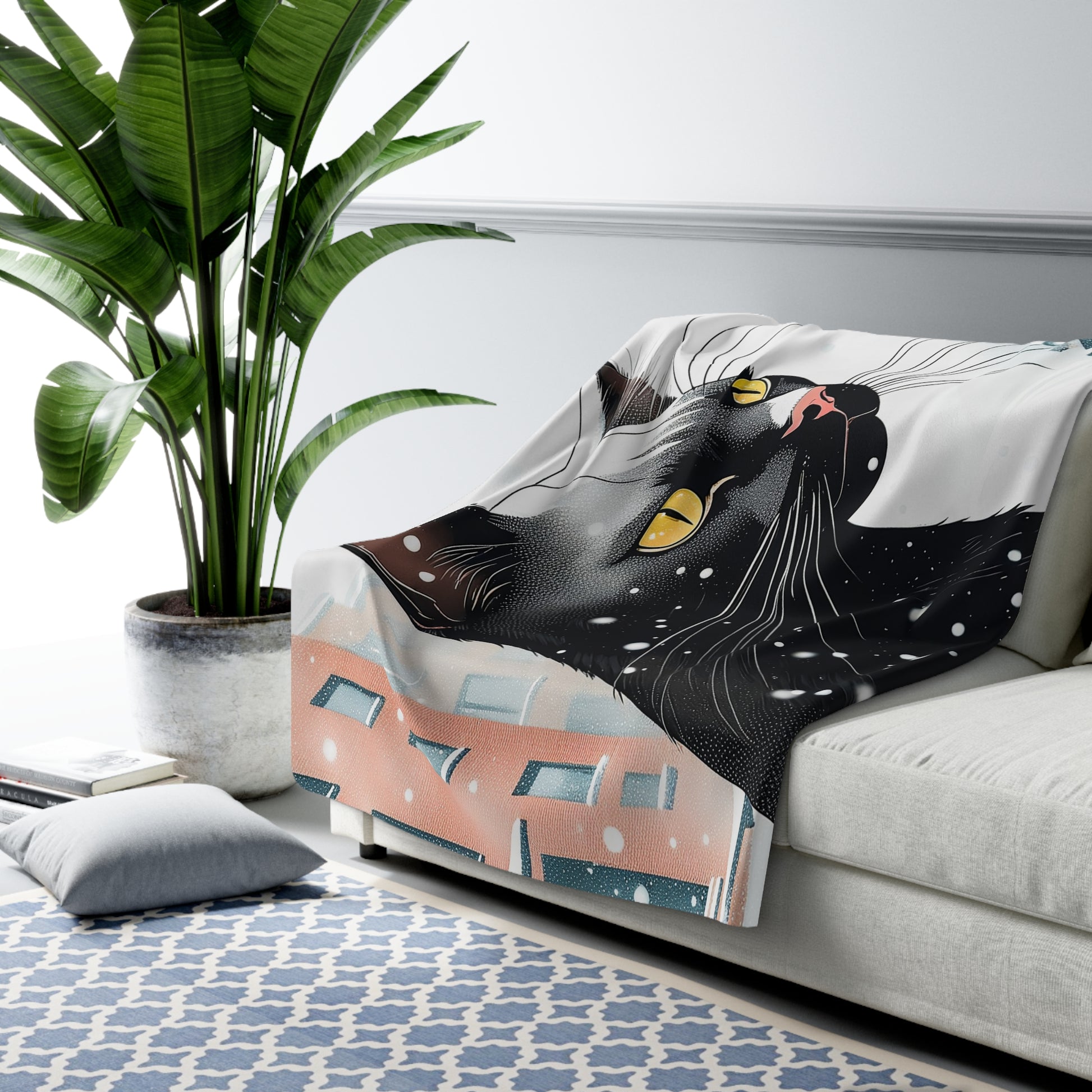 Whisker Wonderland, Cozy Black Cat Sherpa Fleece Blanket, 2 sizes