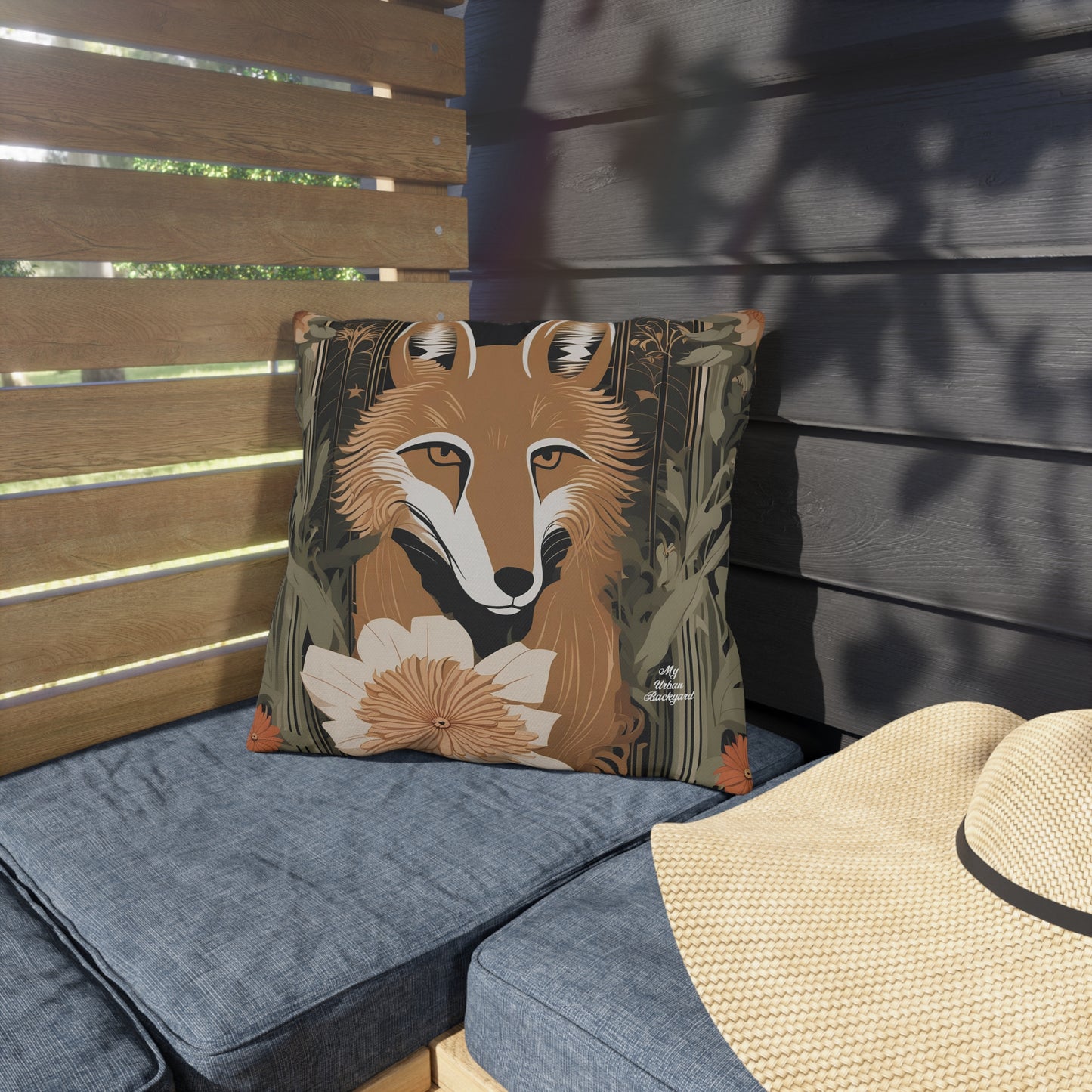 Art Deco Coyote w Flower, Sable accent color, Throw Pillow, Indoor/Outdoor Decor for Home or Office