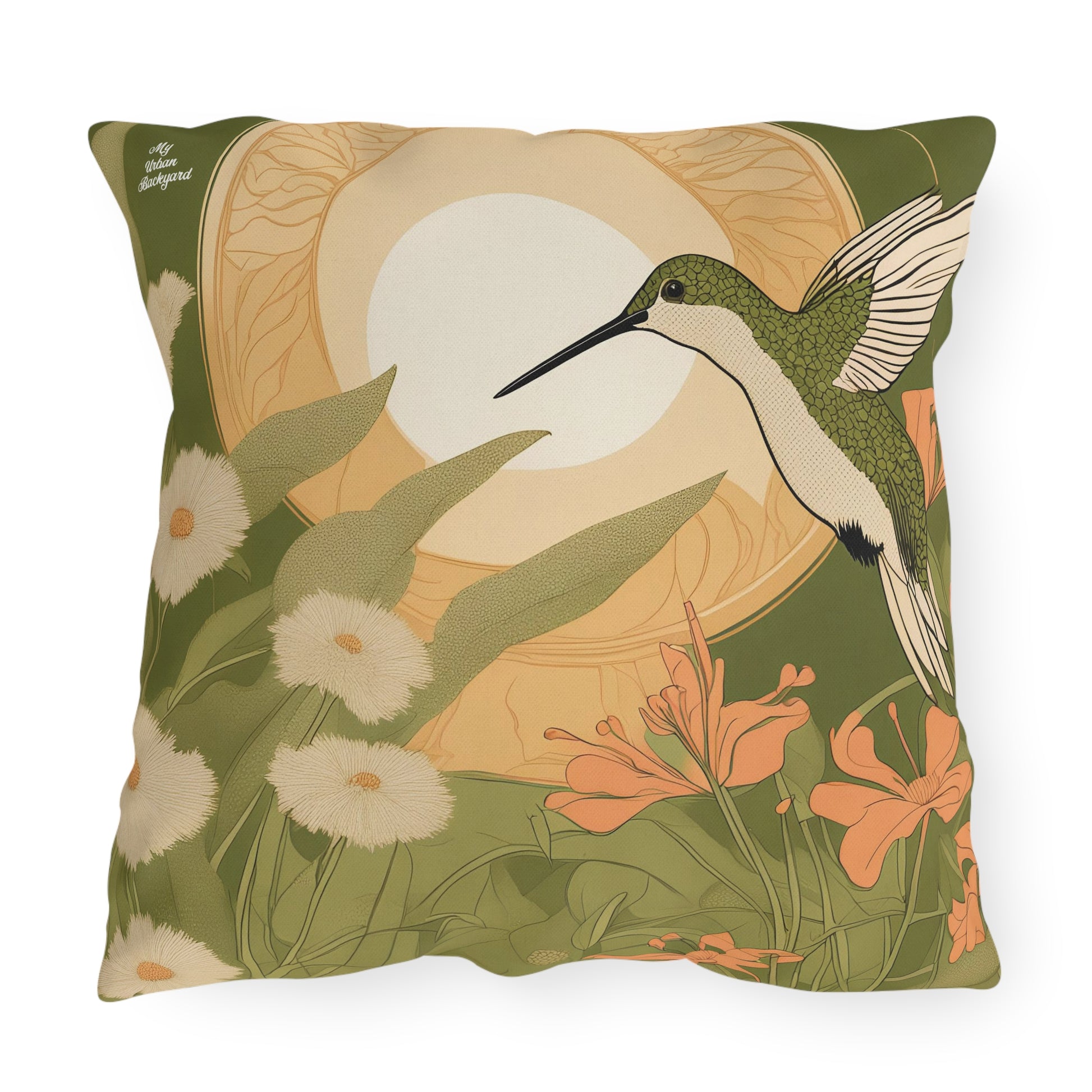 Green Hummingbird w Flowers, Taupe accent color, Throw Pillow, Indoor/Outdoor Decor for Home or Office