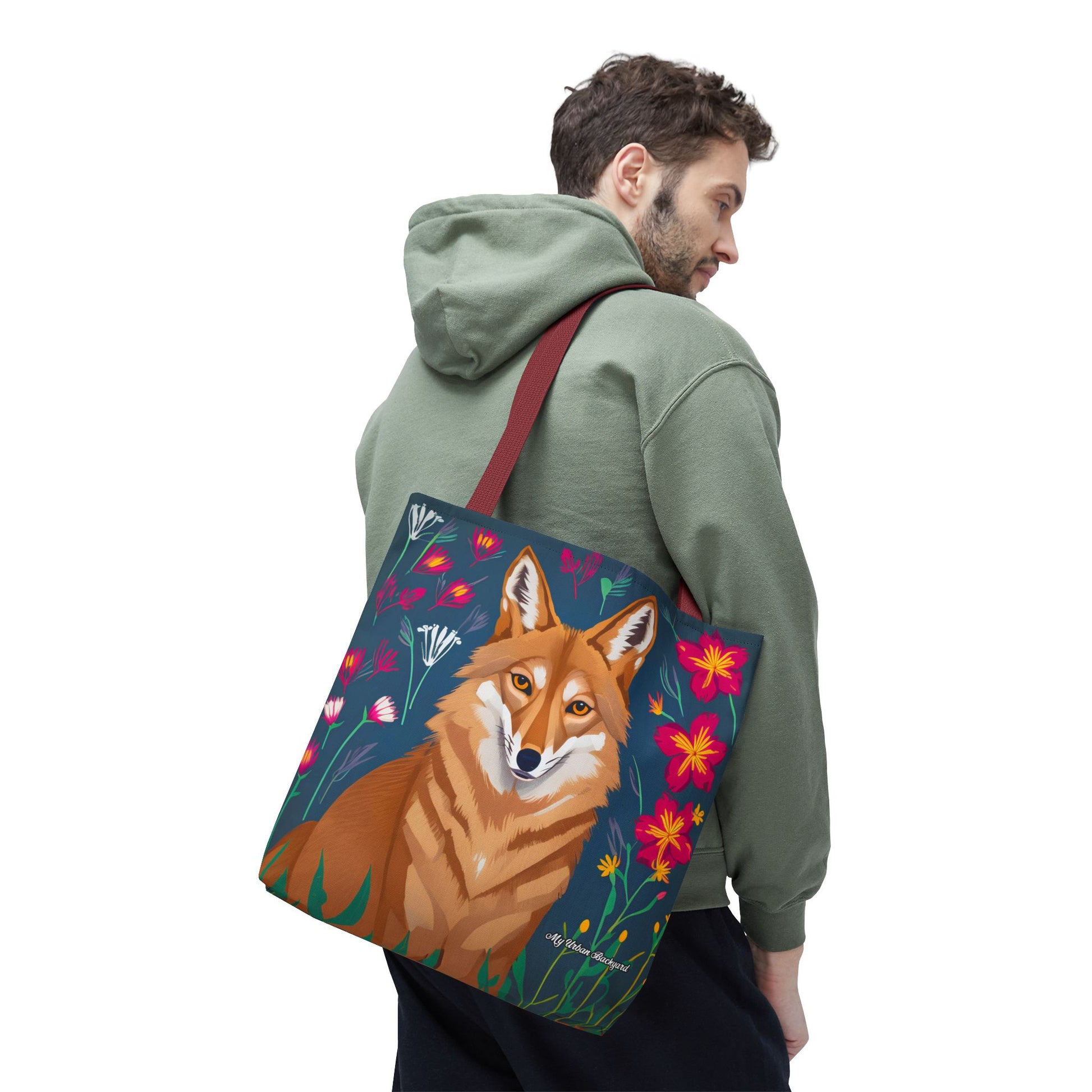 Coyote w Red Flowers Tote Bag with Cotton Handles For Everyday Use, 3 Sizes