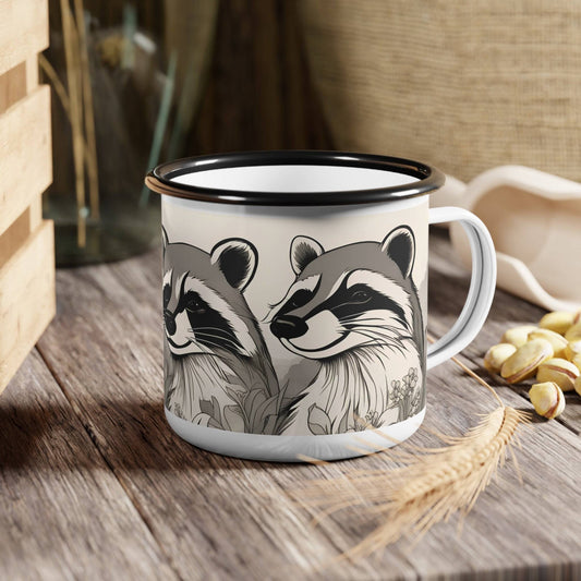 Enamel Camping Mug for Coffee, Tea, Hot Cocoa, Cereal, 12oz, Three Raccoons