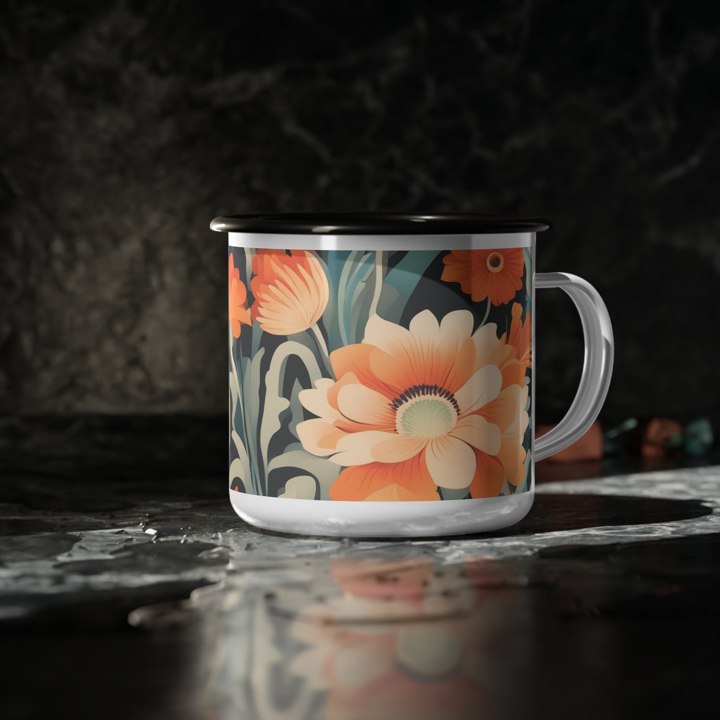 Orange and White Flowers Enamel Mug