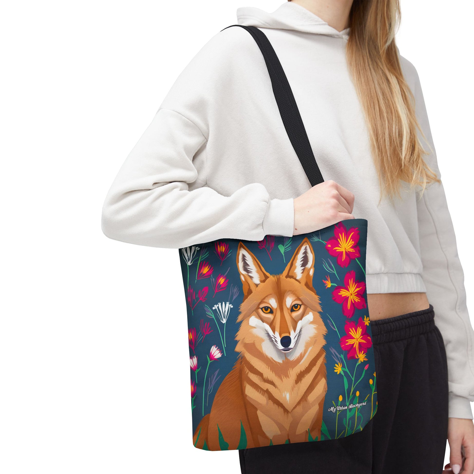 Coyote w Red Flowers Tote Bag with Cotton Handles For Everyday Use, 3 Sizes