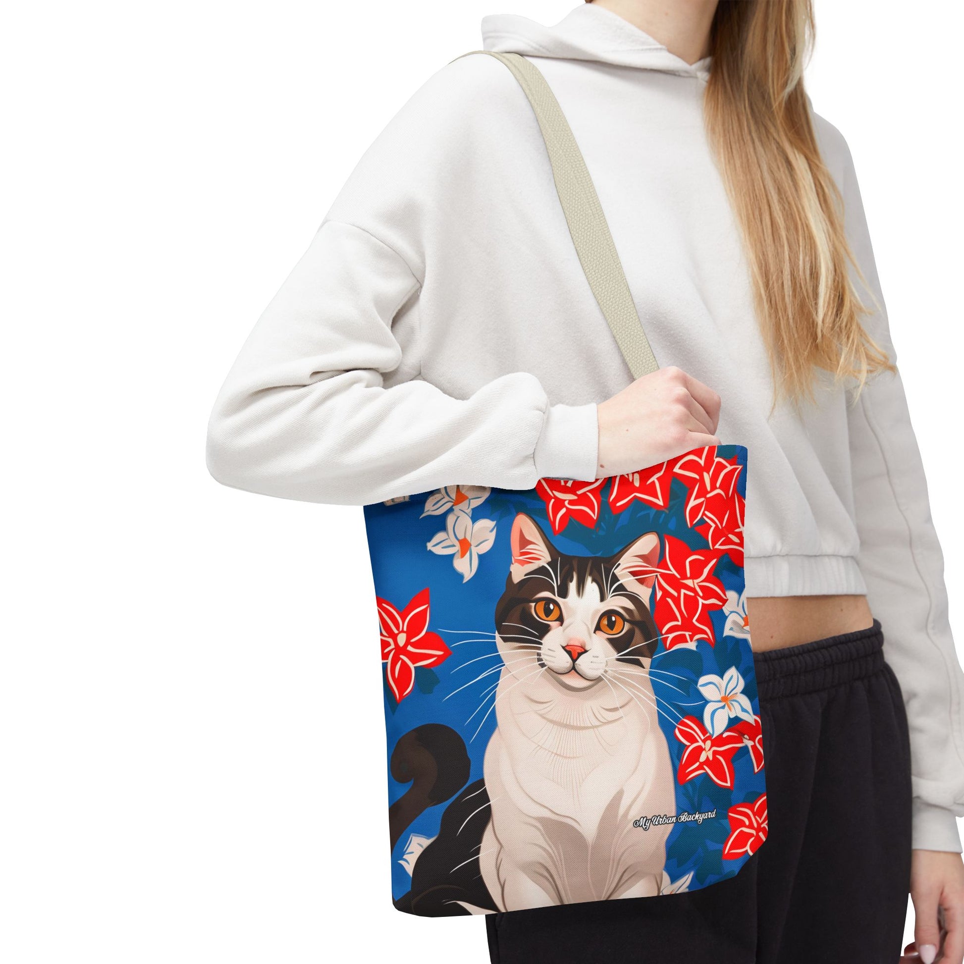 Cat and Red White & Blue Flowers Tote Bag with Cotton Handles For Everyday Use, 3 Sizes
