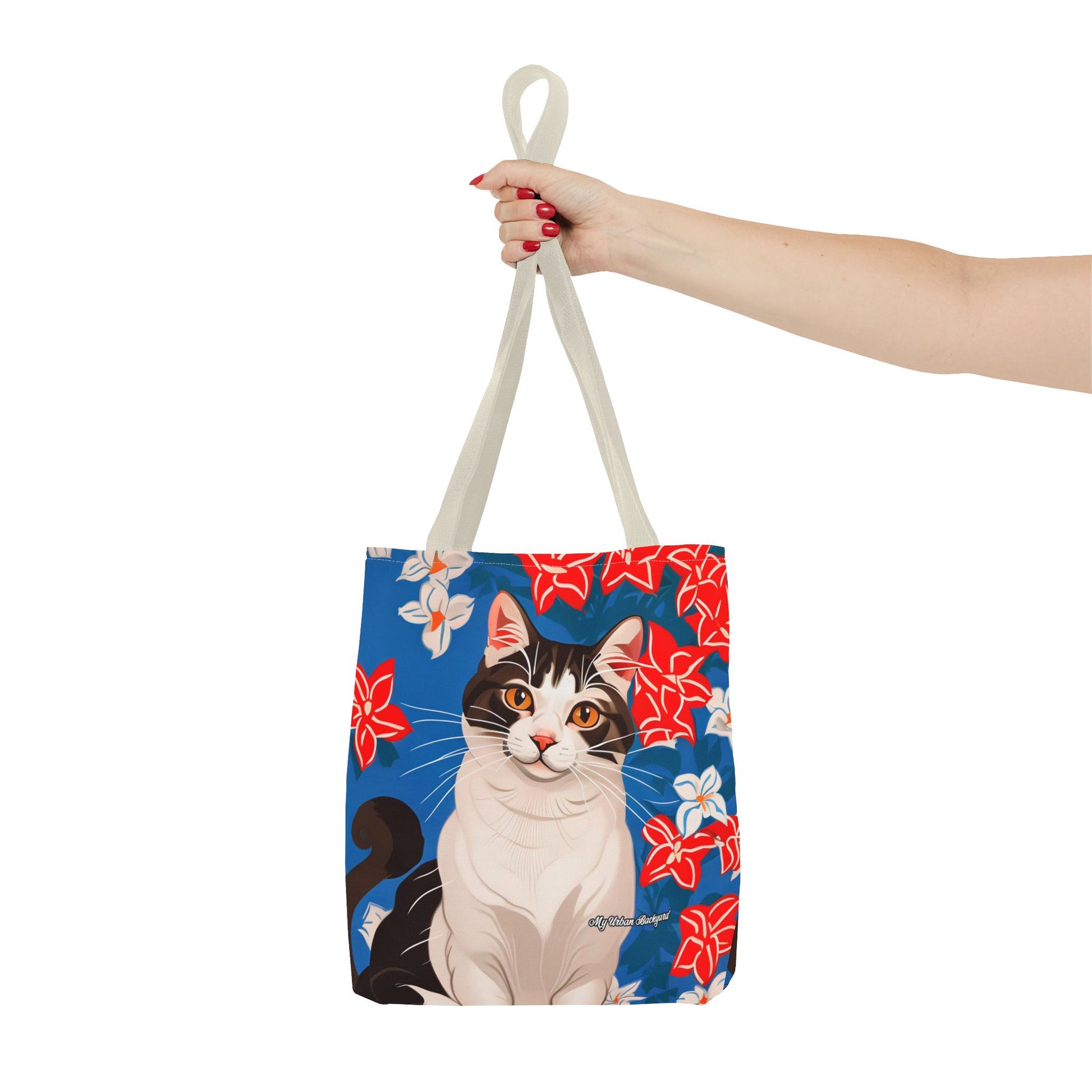 Cat and Red White & Blue Flowers Tote Bag with Cotton Handles For Everyday Use, 3 Sizes