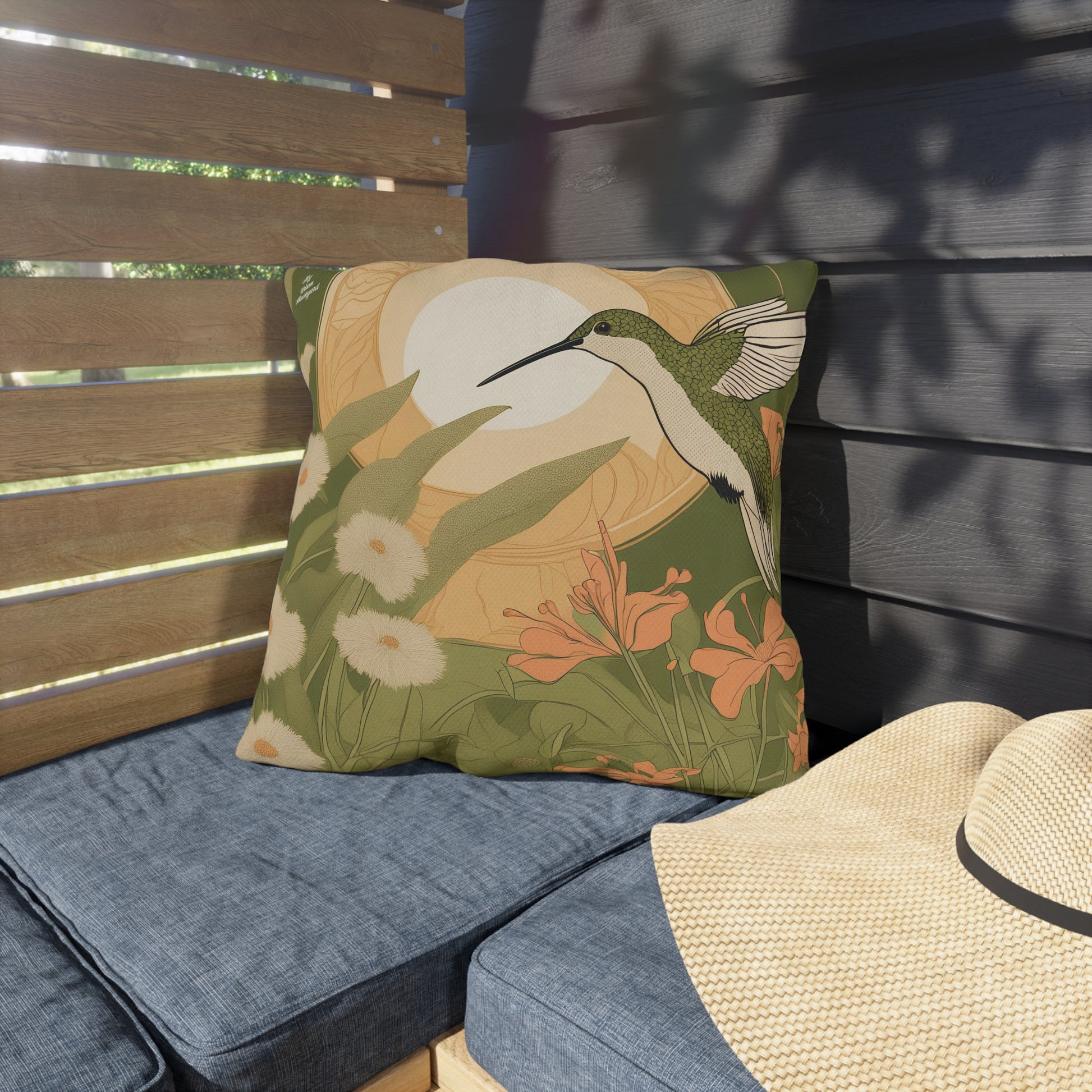 Green Hummingbird w Flowers, Taupe accent color, Throw Pillow, Indoor/Outdoor Decor for Home or Office