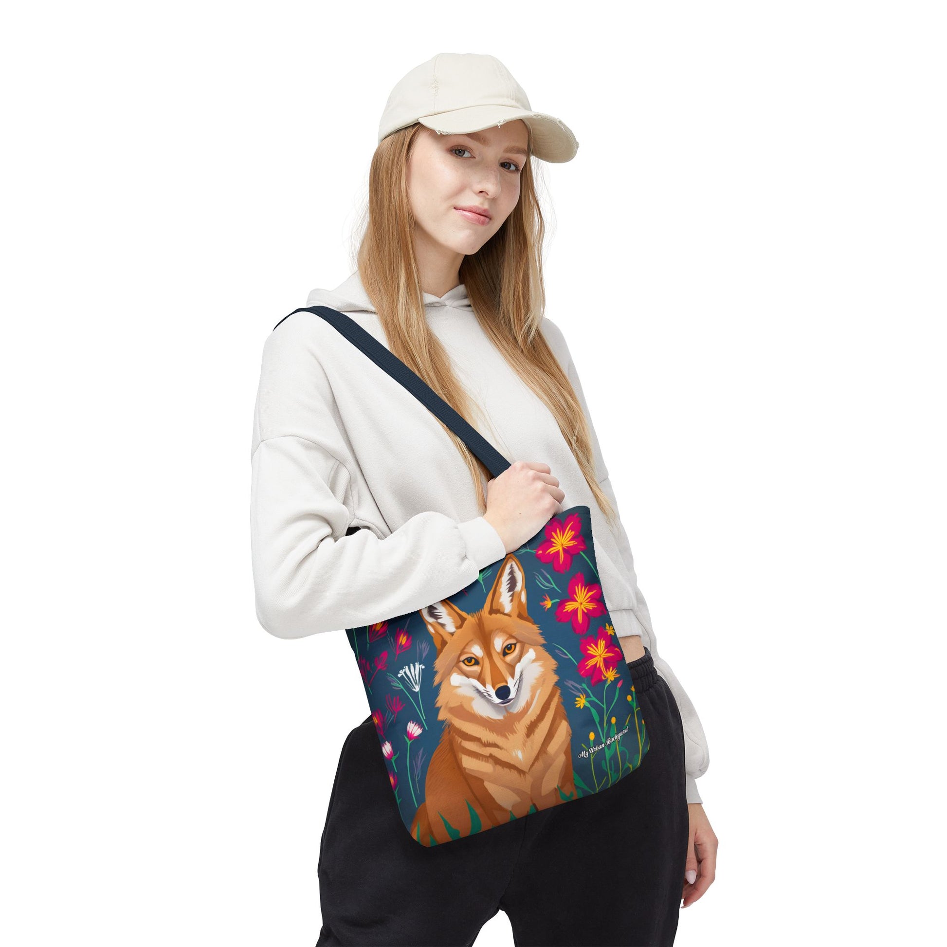 Coyote w Red Flowers Tote Bag with Cotton Handles For Everyday Use, 3 Sizes