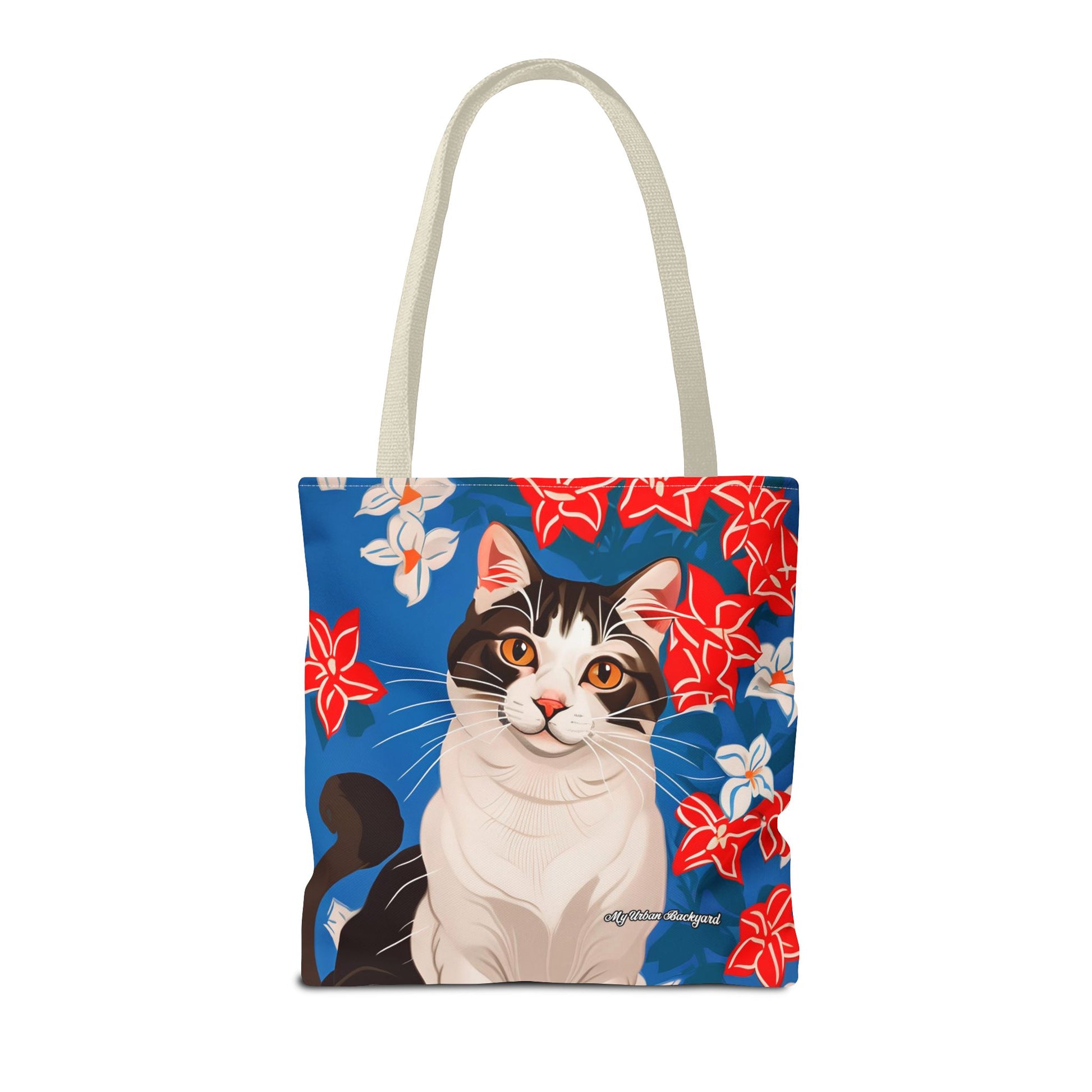 Cat and Red White & Blue Flowers Tote Bag with Cotton Handles For Everyday Use, 3 Sizes