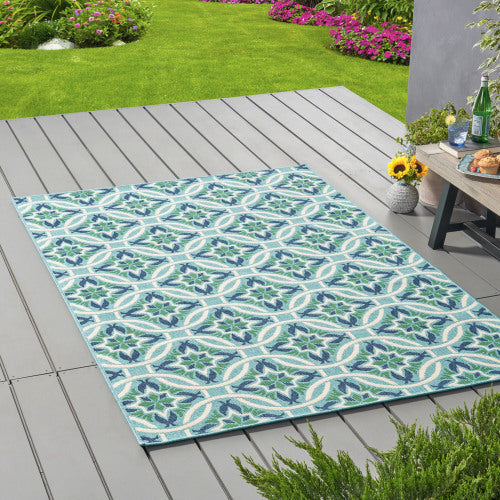 Outdoor Rug, Blue and Green, 7'6" x 5'3"