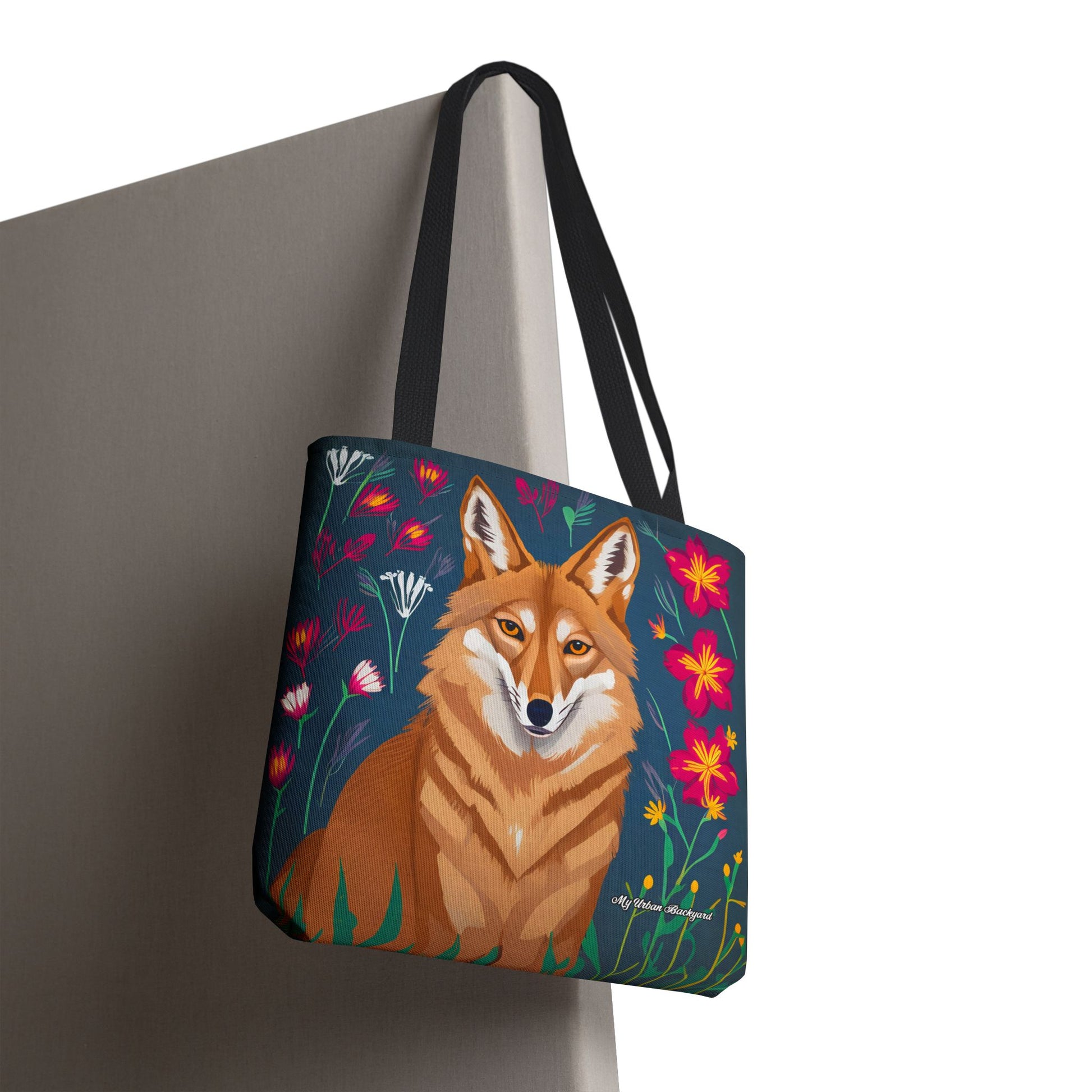 Coyote w Red Flowers Tote Bag with Cotton Handles For Everyday Use, 3 Sizes