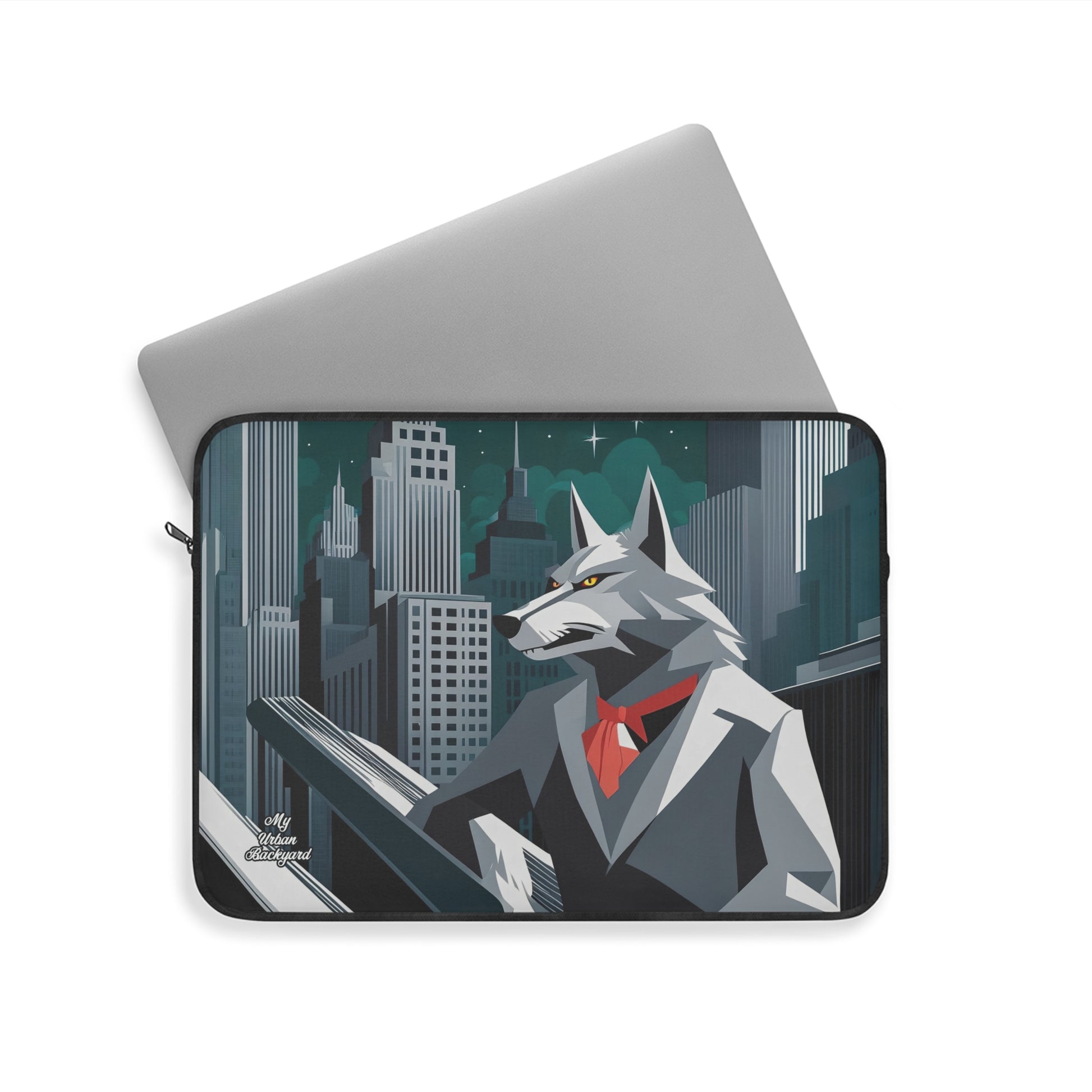 A top-loading laptop carrying case with a graphic design of a wolf in a cityscape background.