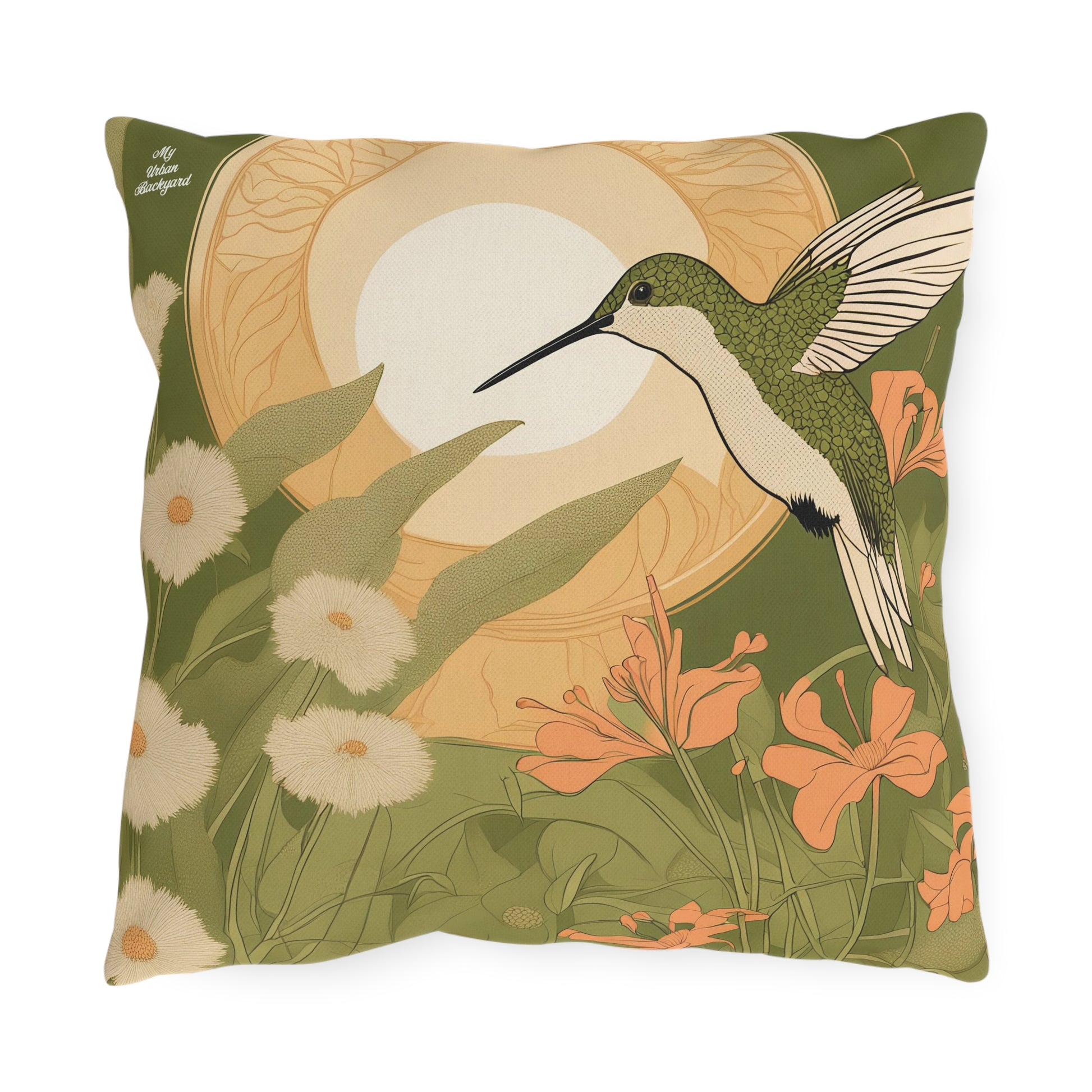 Green Hummingbird w Flowers, Taupe accent color, Throw Pillow, Indoor/Outdoor Decor for Home or Office