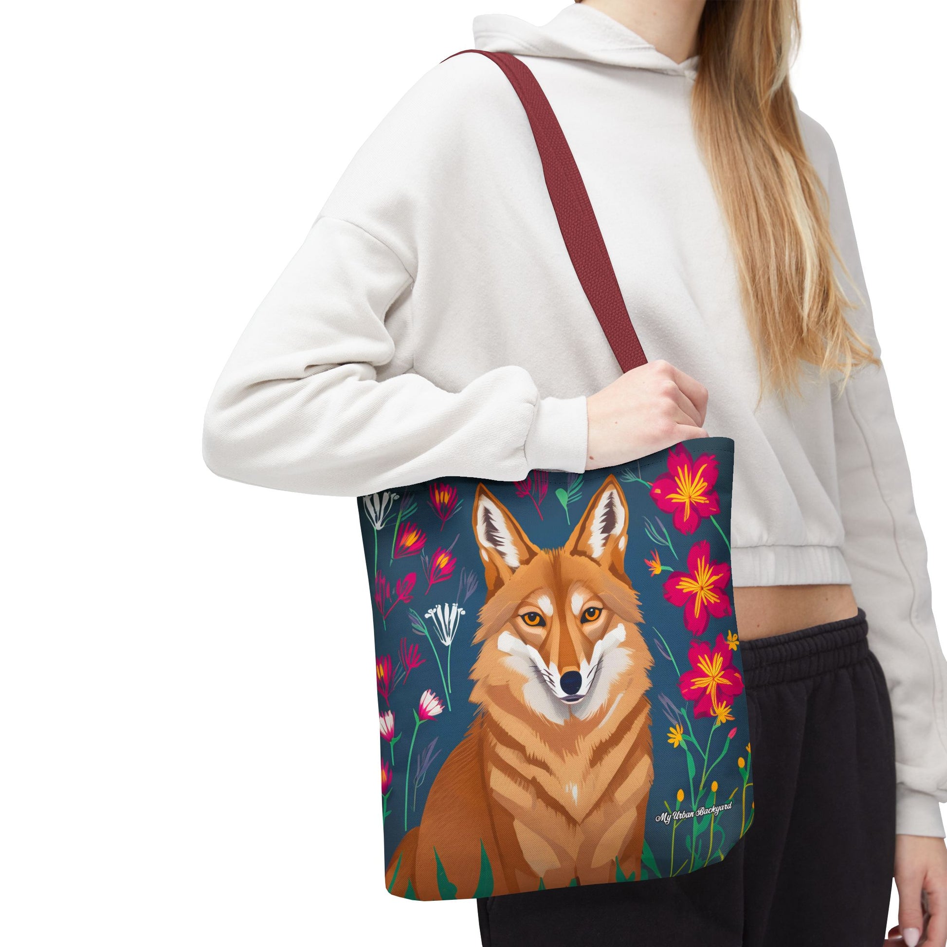 Coyote w Red Flowers Tote Bag with Cotton Handles For Everyday Use, 3 Sizes