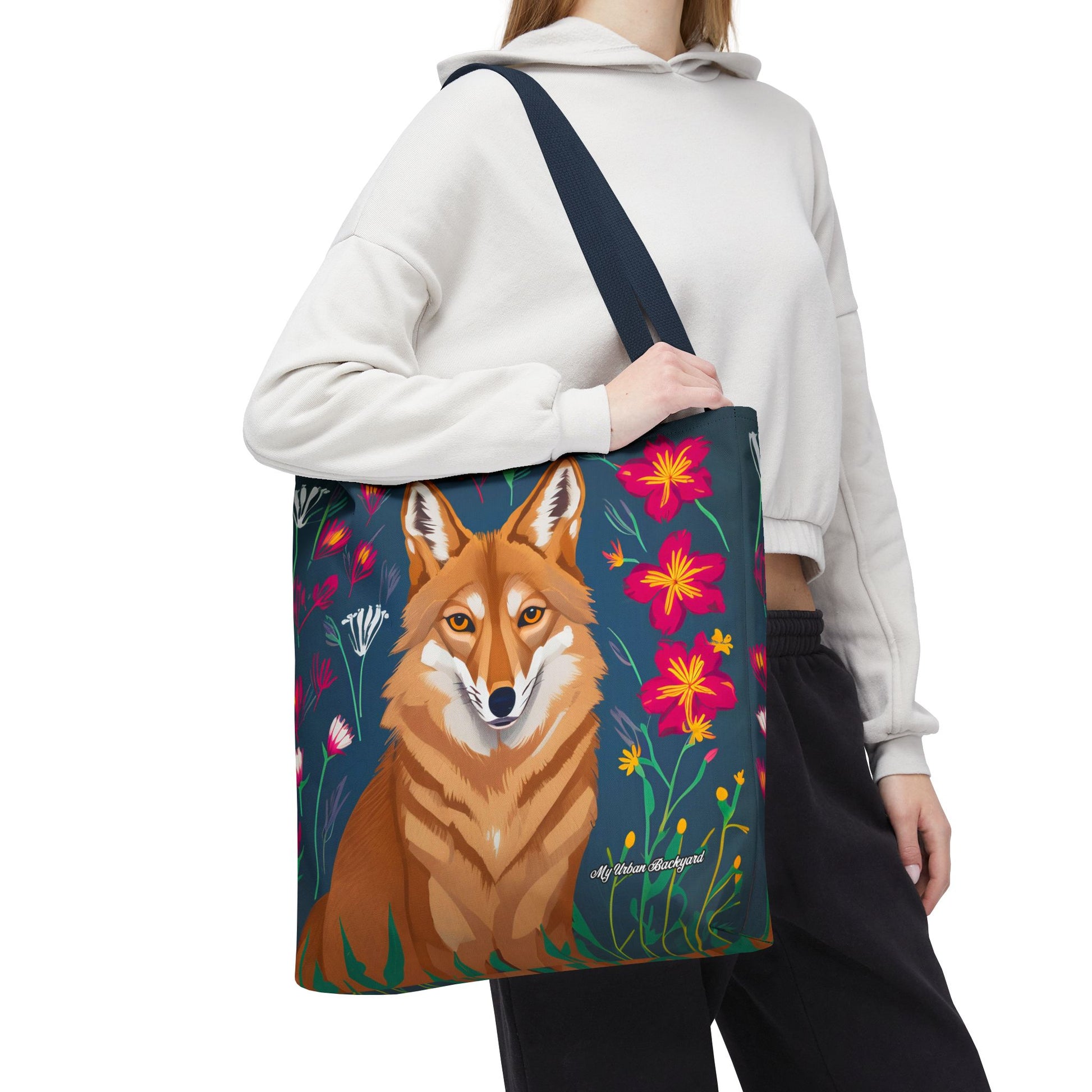 Coyote w Red Flowers Tote Bag with Cotton Handles For Everyday Use, 3 Sizes