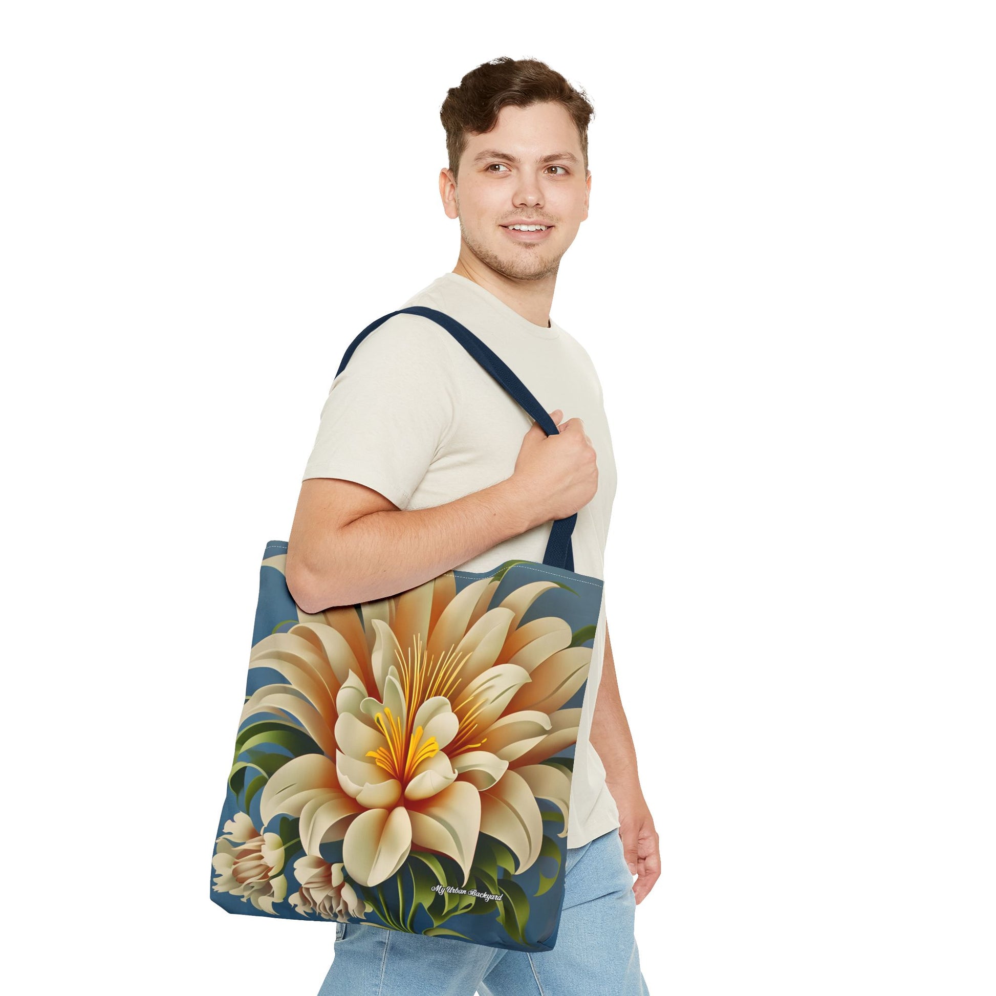 Large White Flower Tote Bag with Cotton Handles For Everyday Use, 3 Sizes