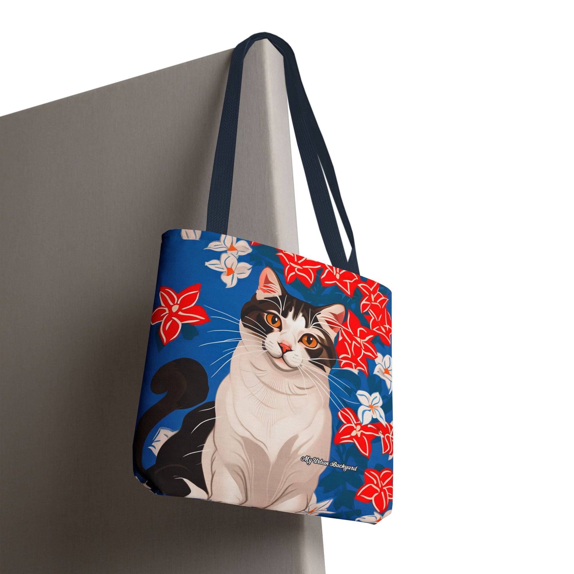 Cat and Red White & Blue Flowers Tote Bag with Cotton Handles For Everyday Use, 3 Sizes
