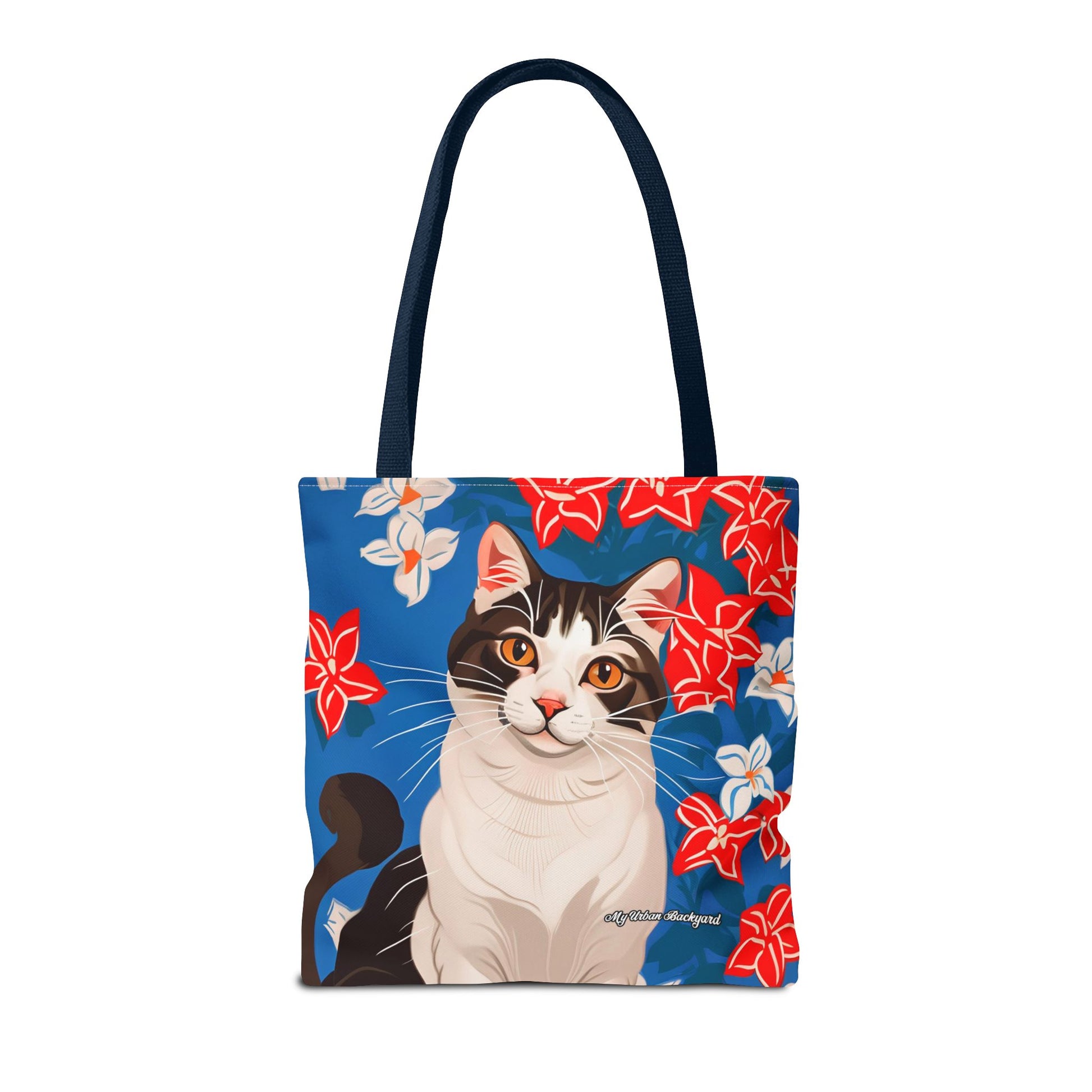 Cat and Red White & Blue Flowers Tote Bag with Cotton Handles For Everyday Use, 3 Sizes