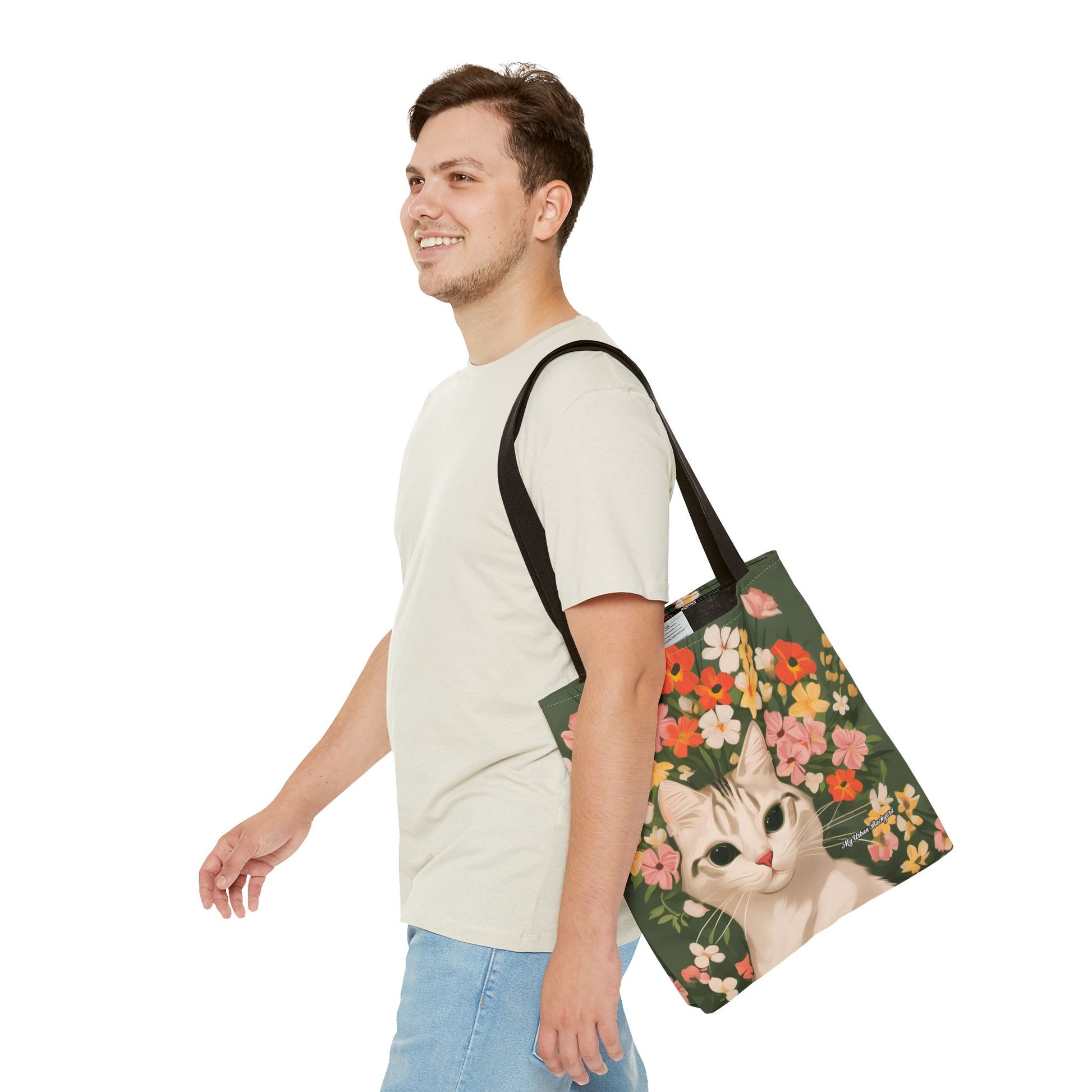 White Cat with Flowers Tote Bag with Cotton Handles For Everyday Use, 3 Sizes