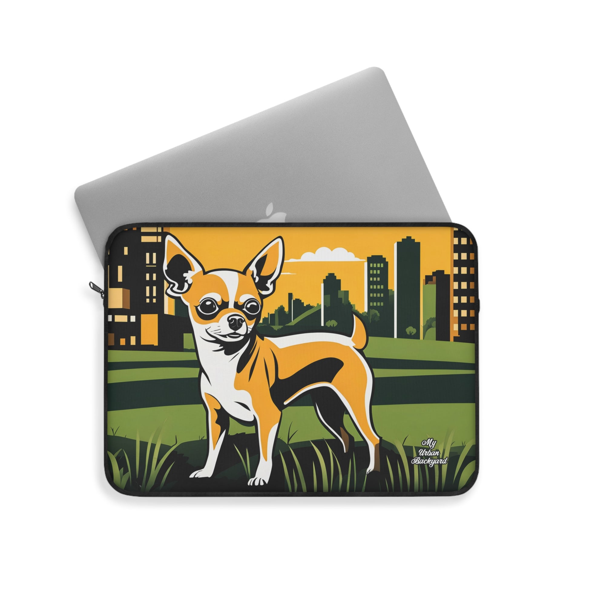 A top-loading laptop carrying case with a colorful artistic depiction of a dog on a background that includes grass and city buildings.