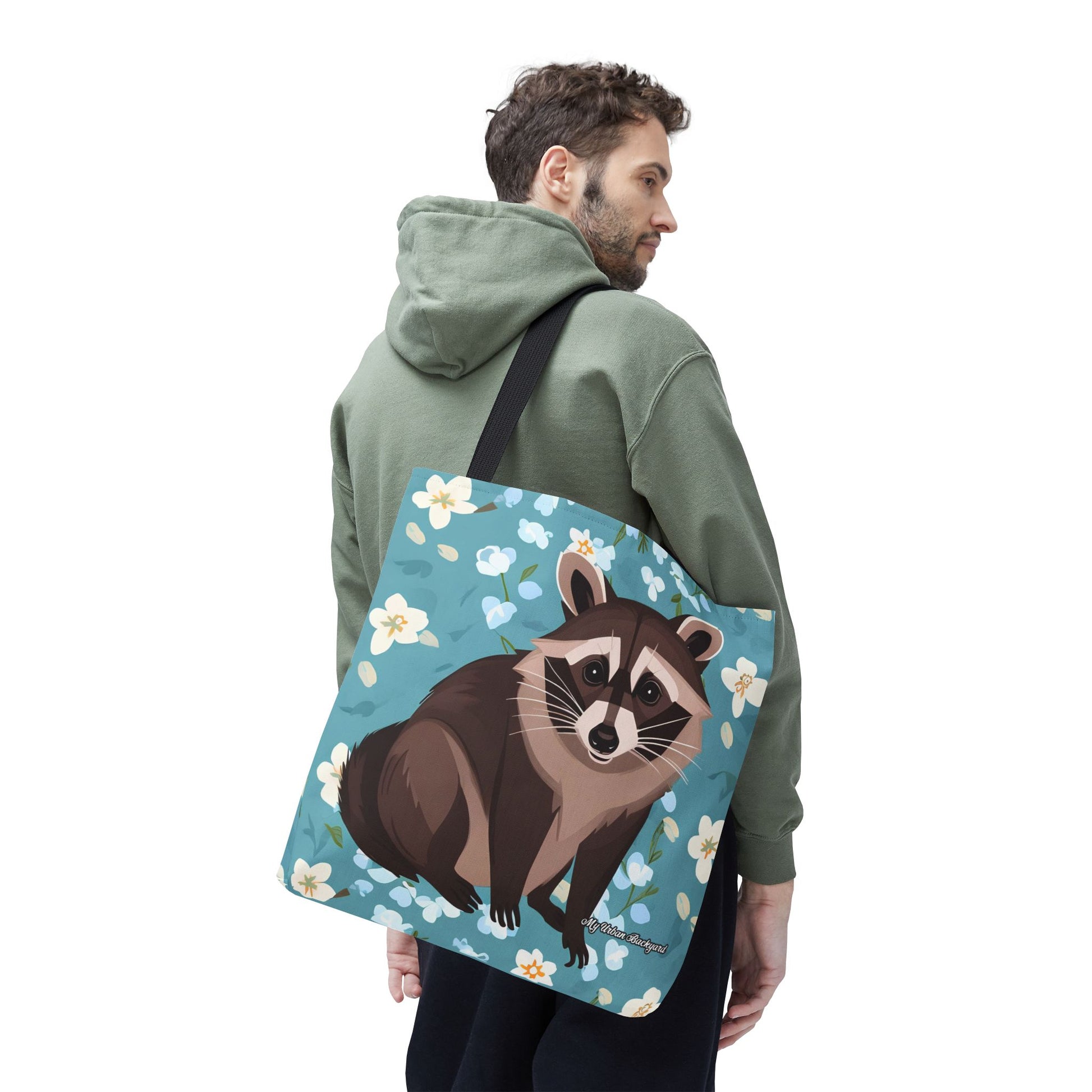 Young Raccoon w Flowers Tote Bag with Cotton Handles For Everyday Use, 3 Sizes