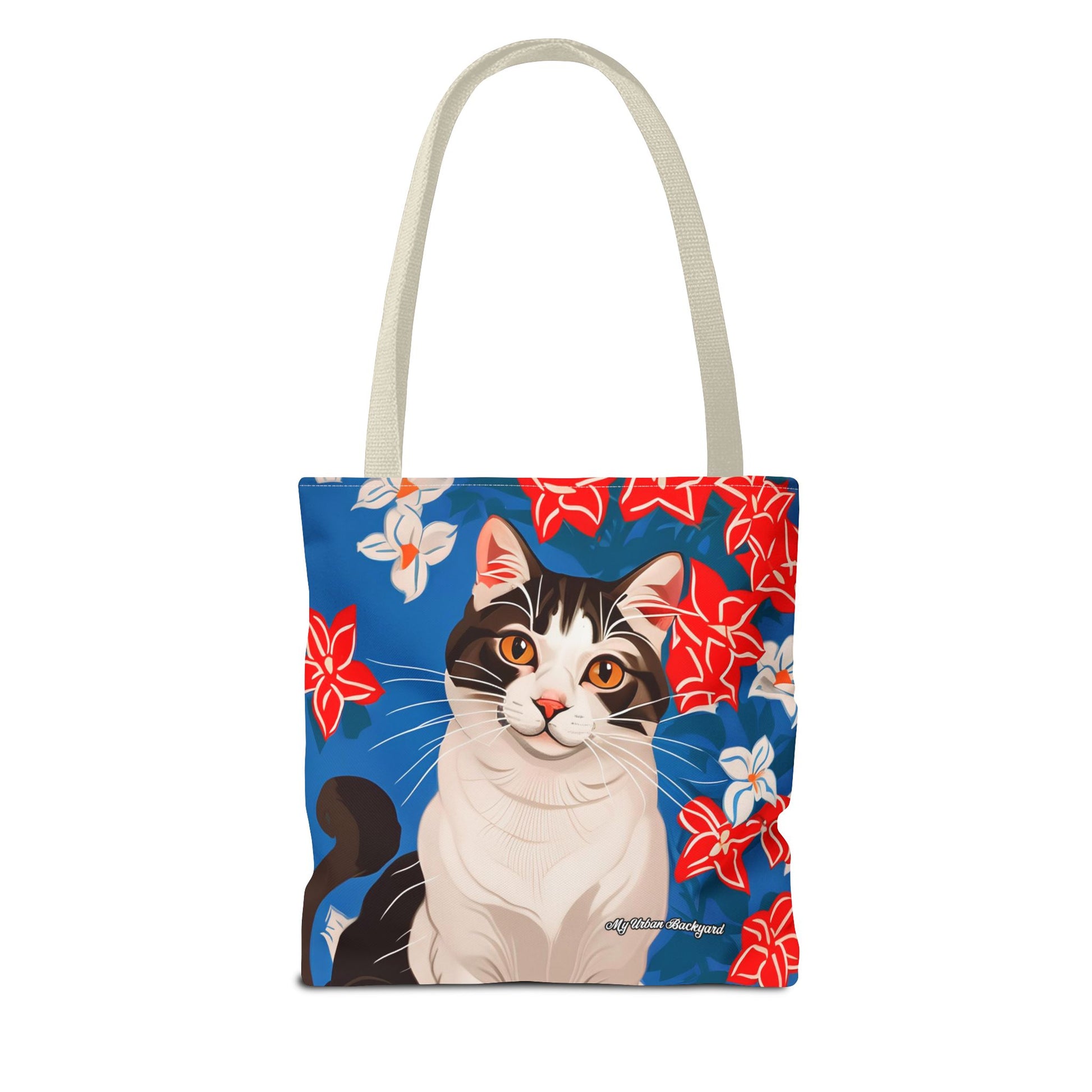 Cat and Red White & Blue Flowers Tote Bag with Cotton Handles For Everyday Use, 3 Sizes