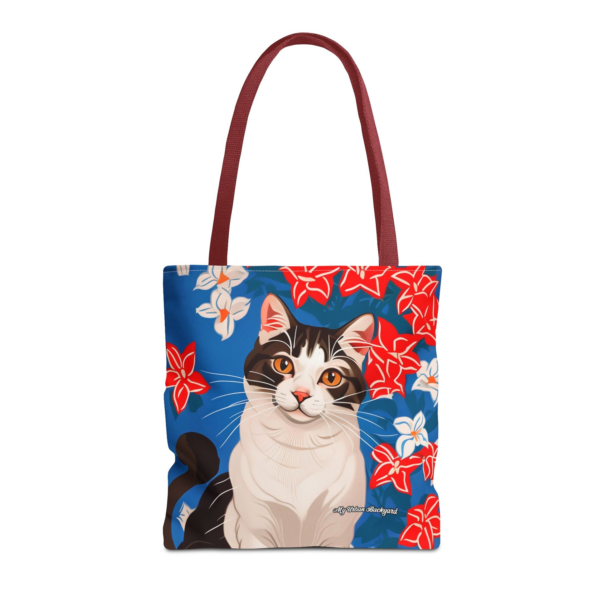 Cat and Red White & Blue Flowers Tote Bag with Cotton Handles For Everyday Use, 3 Sizes
