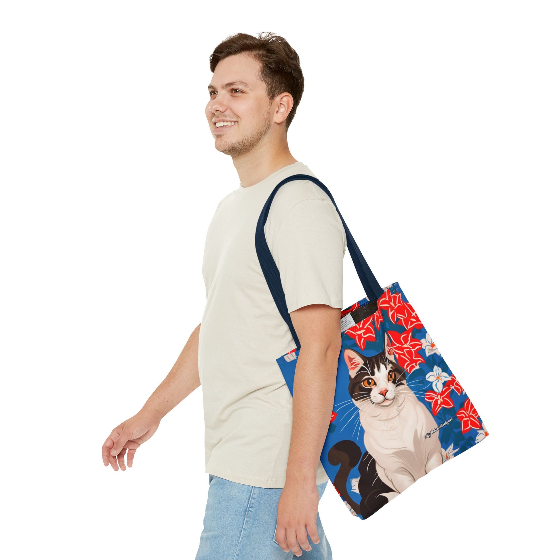 Cat and Red White & Blue Flowers Tote Bag with Cotton Handles For Everyday Use, 3 Sizes