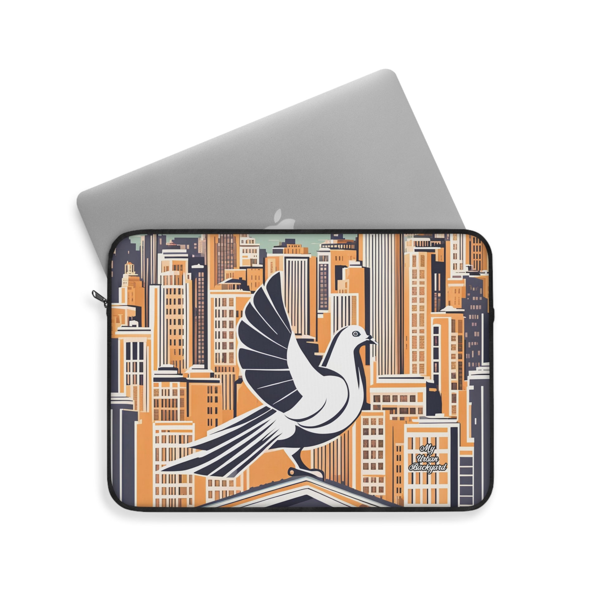 A laptop carrying case with a top-loading design, featuring an artwork of a bird and a cityscape in tones of white, orange, and black.