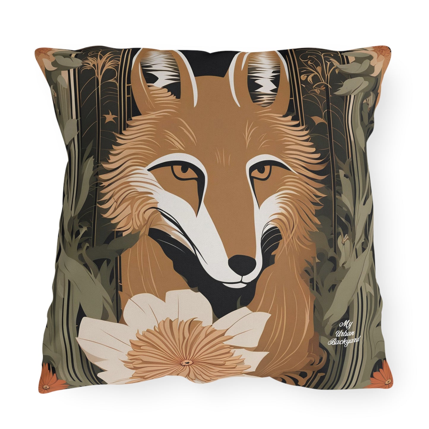 Art Deco Coyote w Flower, Sable accent color, Throw Pillow, Indoor/Outdoor Decor for Home or Office